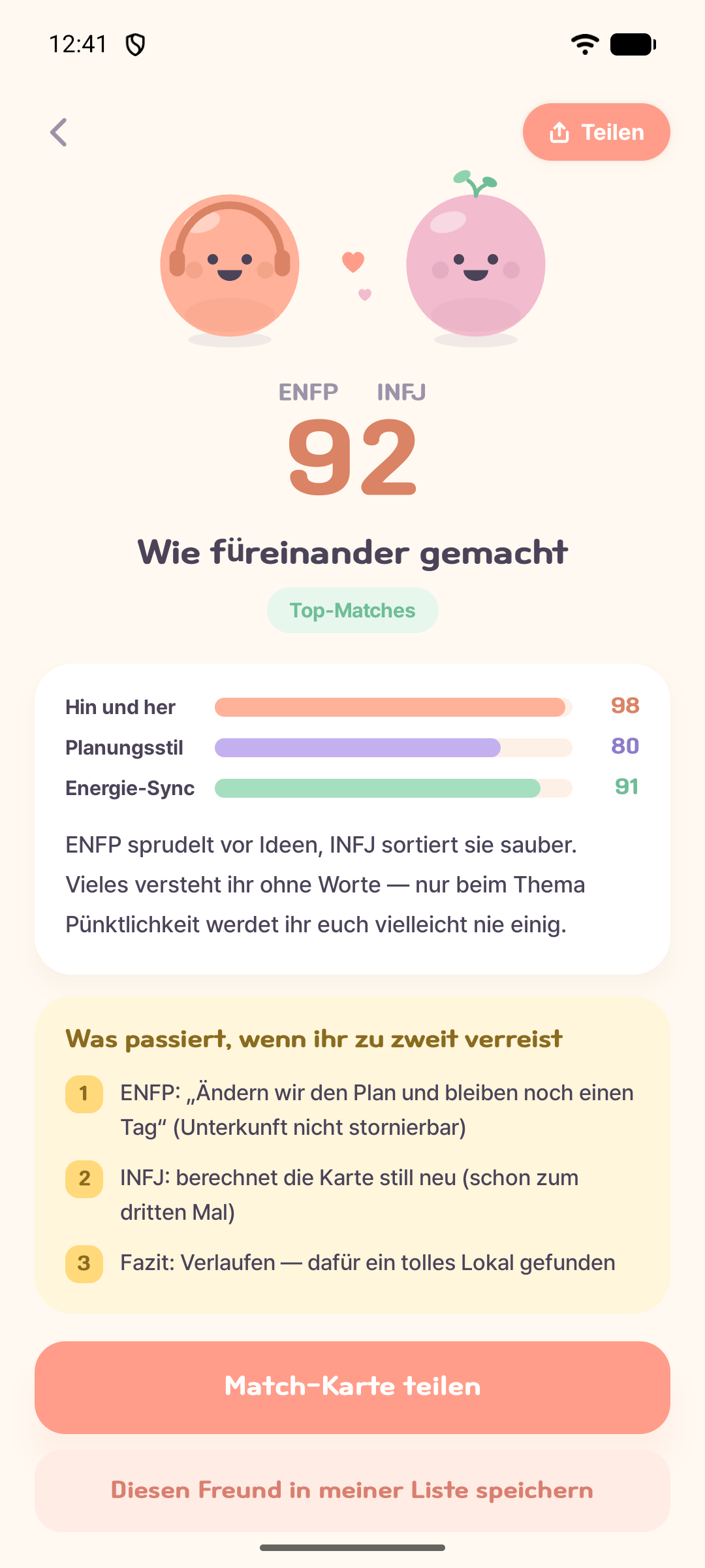 Mongle-App mit einem ENFP-INFJ-Kompatibilitätsbeispiel von 92 Punkten, Gesprächsfluss, Planungsstil, Energieabgleich und einer Geschichte über eine gemeinsame Reise