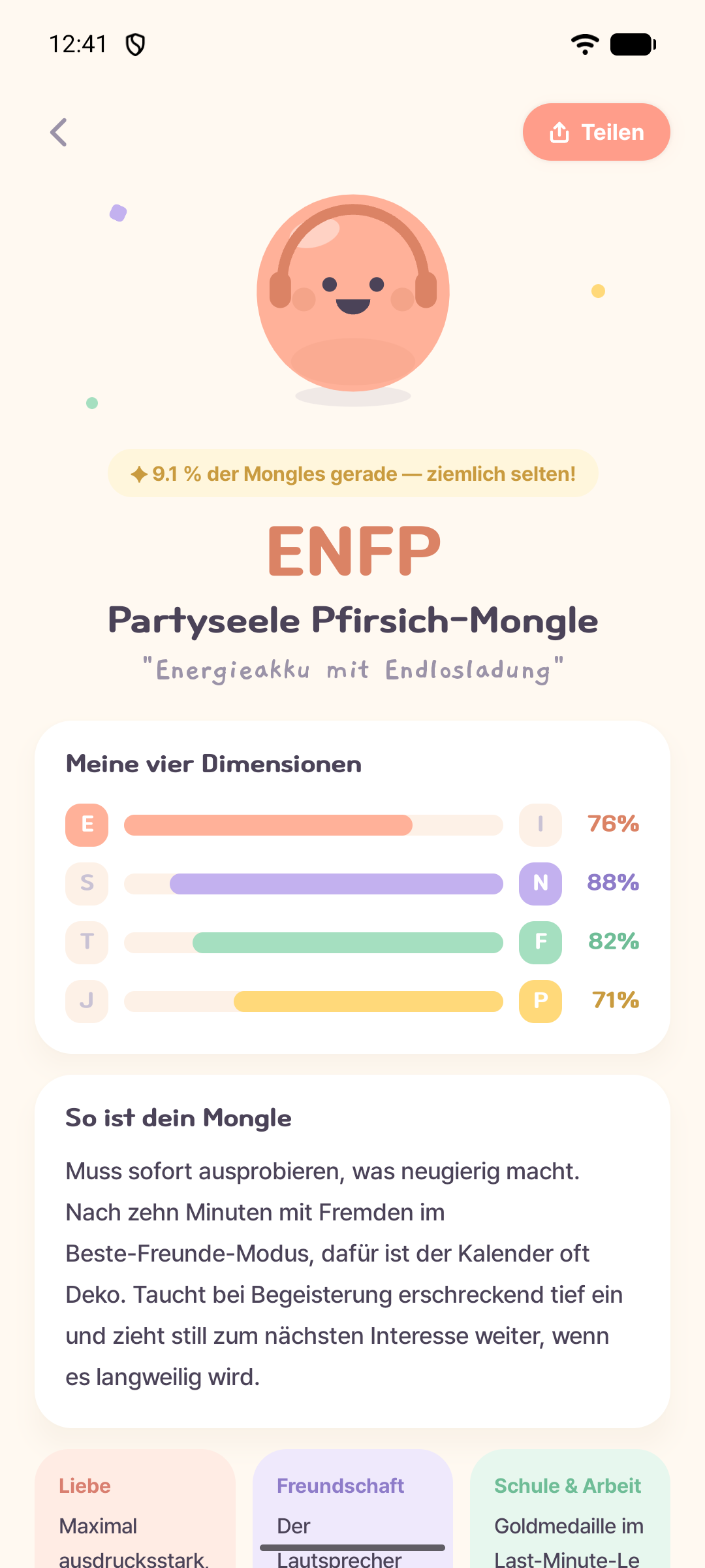 Echte Ergebnisansicht mit dem ENFP-Pfirsich-Mongle und vier Persönlichkeitsdimensionen