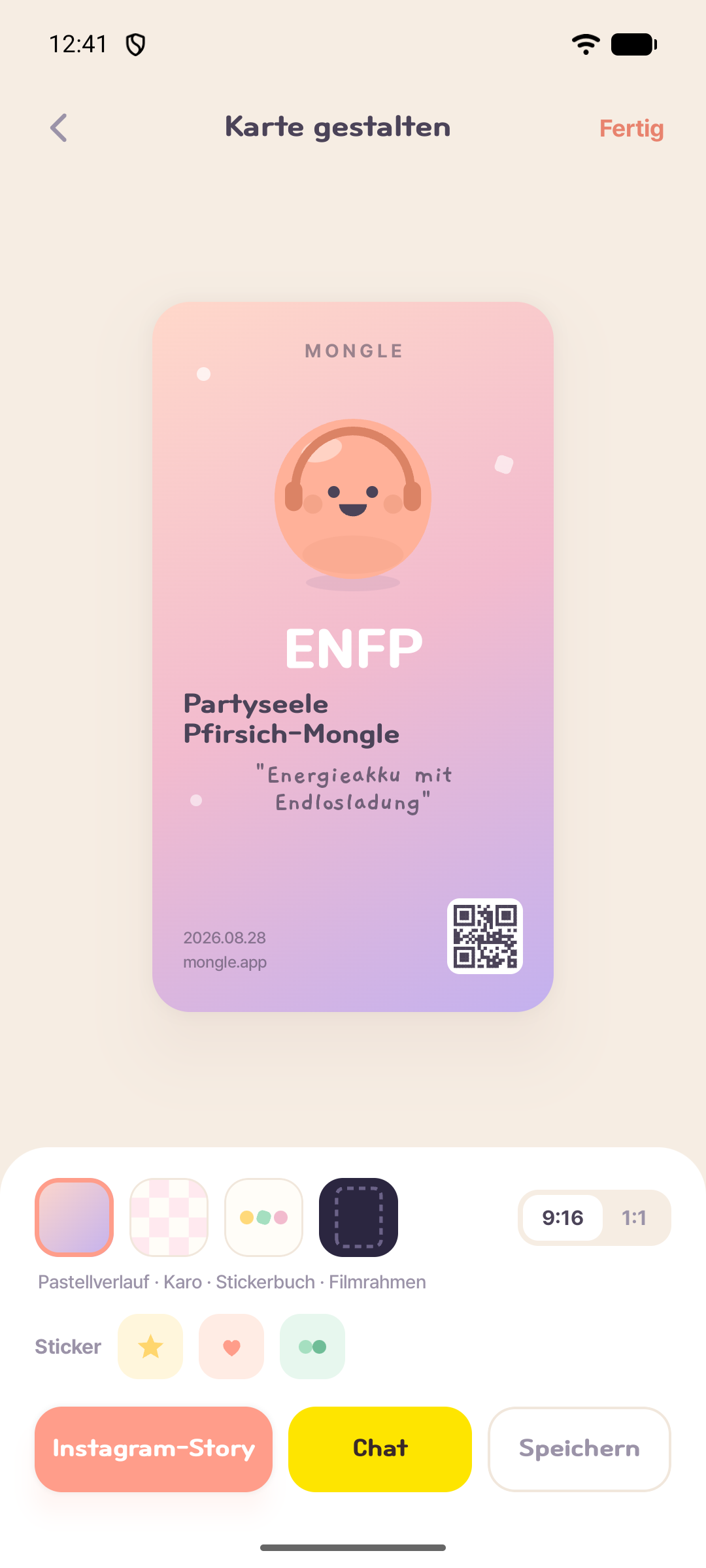 Mongle-App zum Gestalten und Teilen einer ENFP-Ergebniskarte mit Hintergründen und Stickern