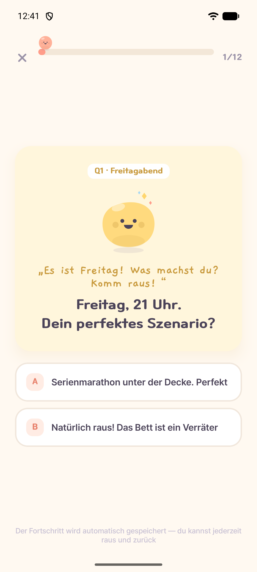 Mongle-App mit der ersten Frage des Persönlichkeitstests und zwei Antwortmöglichkeiten