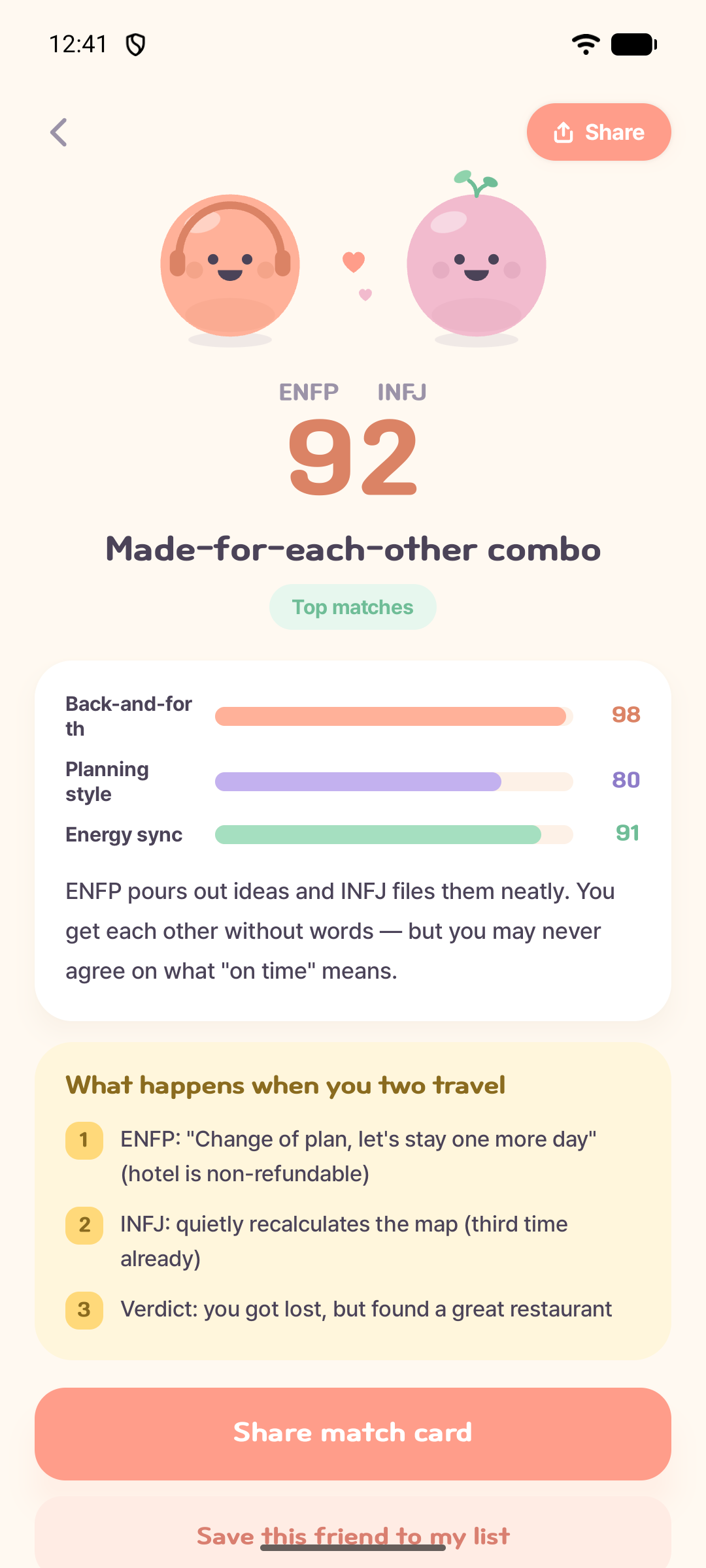 Mongle app screen showing an example ENFP and INFJ compatibility score of 92, banter, planning style, energy match, and a story about traveling together