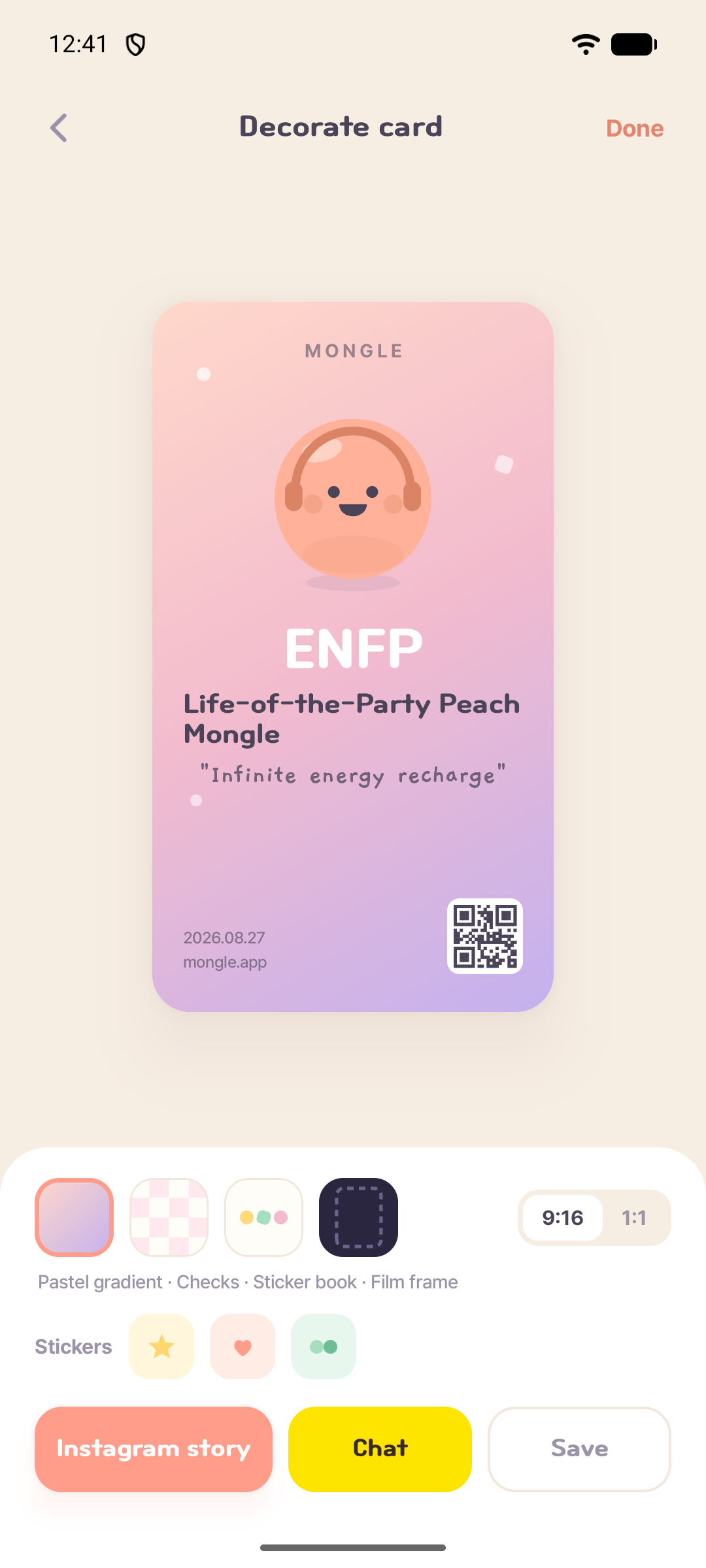 Mongle app screen for decorating and sharing an ENFP result card with backgrounds and stickers
