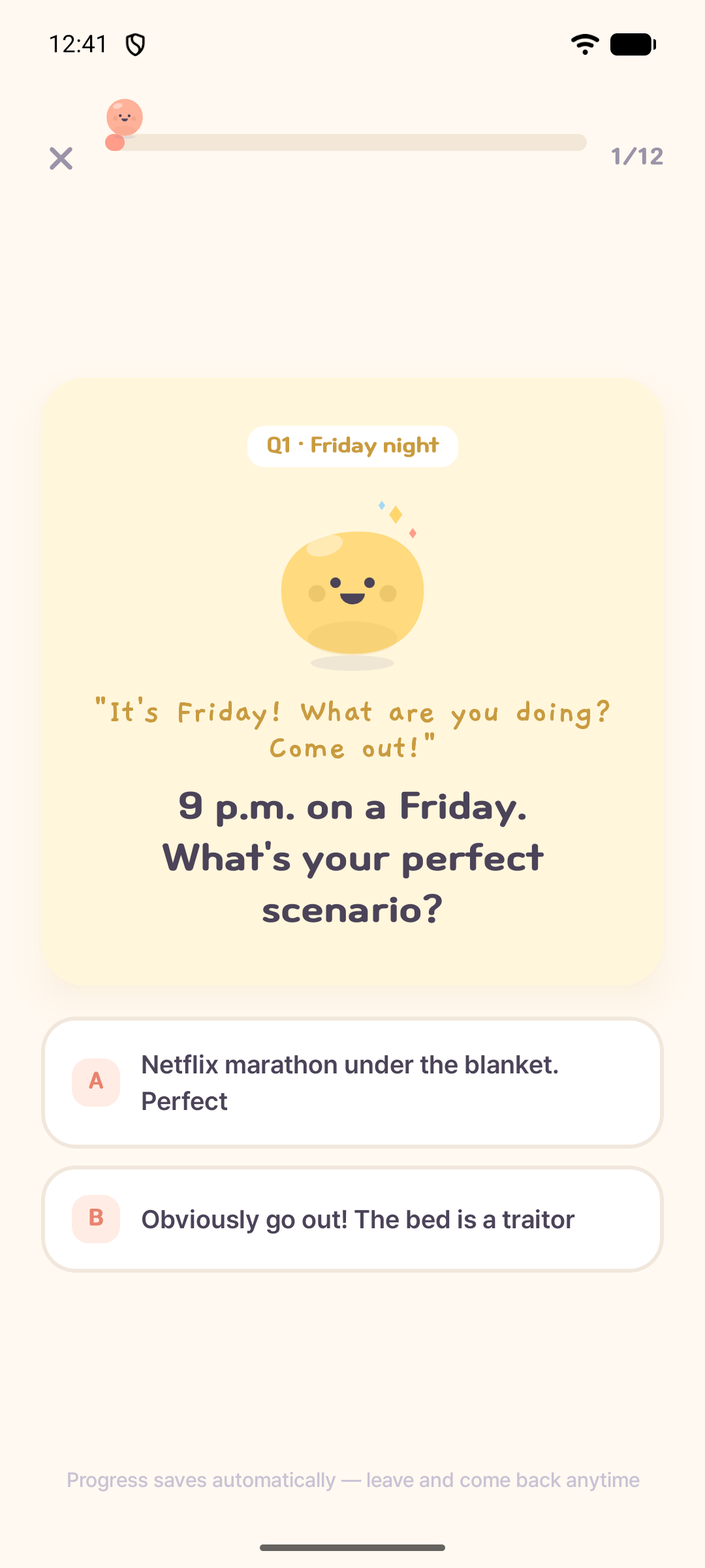 Mongle app screen showing the first personality test question and two answer choices