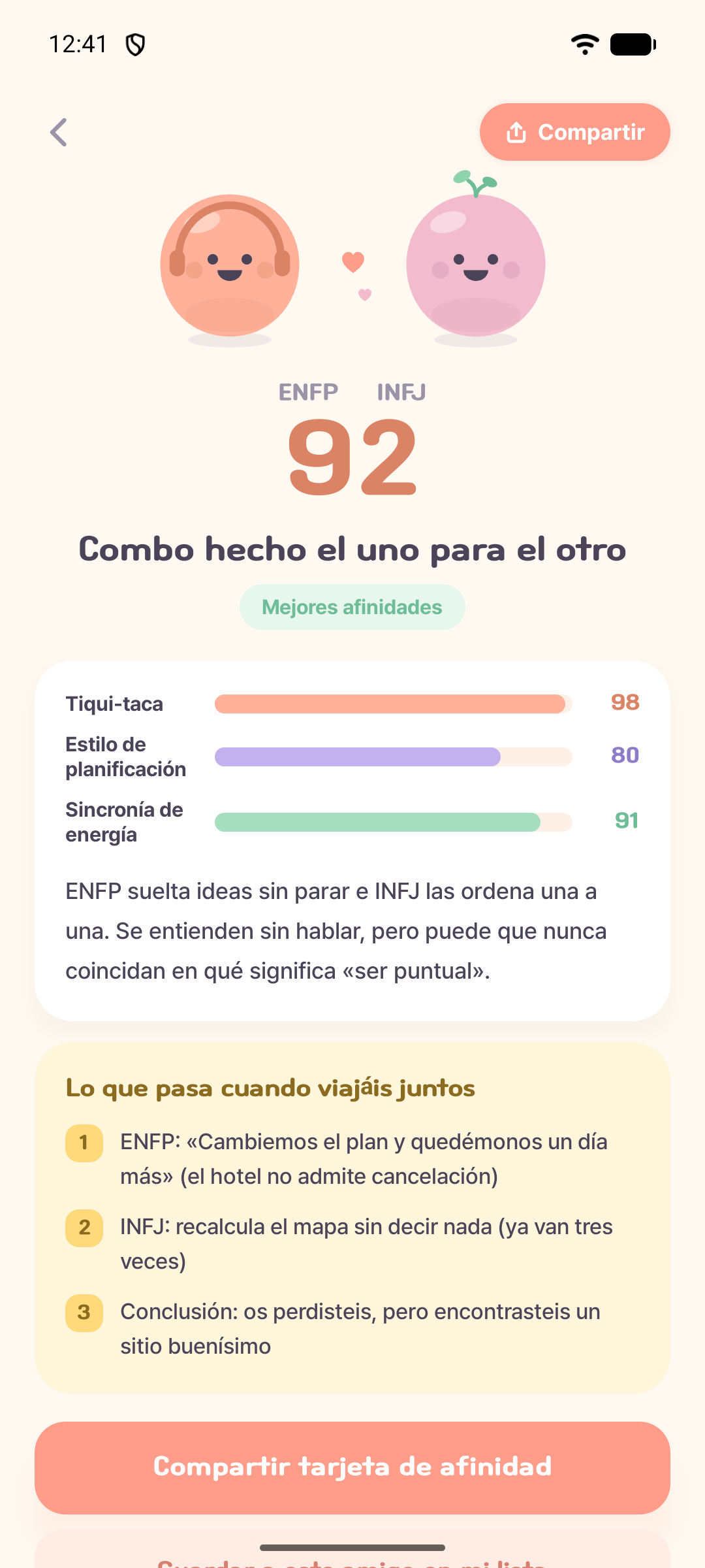 Pantalla de Mongle con un ejemplo de compatibilidad de 92 puntos entre ENFP e INFJ, conversación, planificación, energía y una historia sobre un viaje juntos