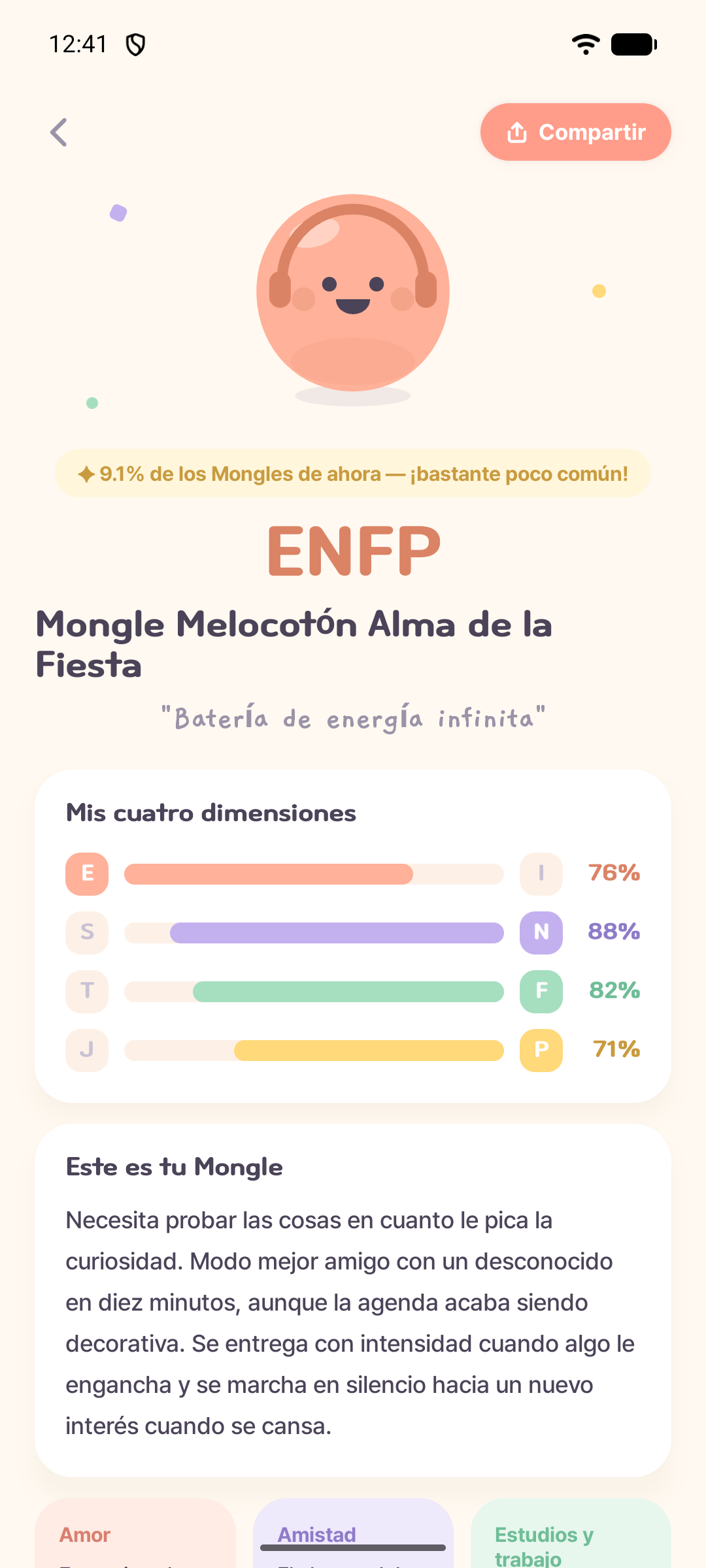 Pantalla real de resultados con el personaje Mongle Melocotón ENFP y cuatro dimensiones de personalidad