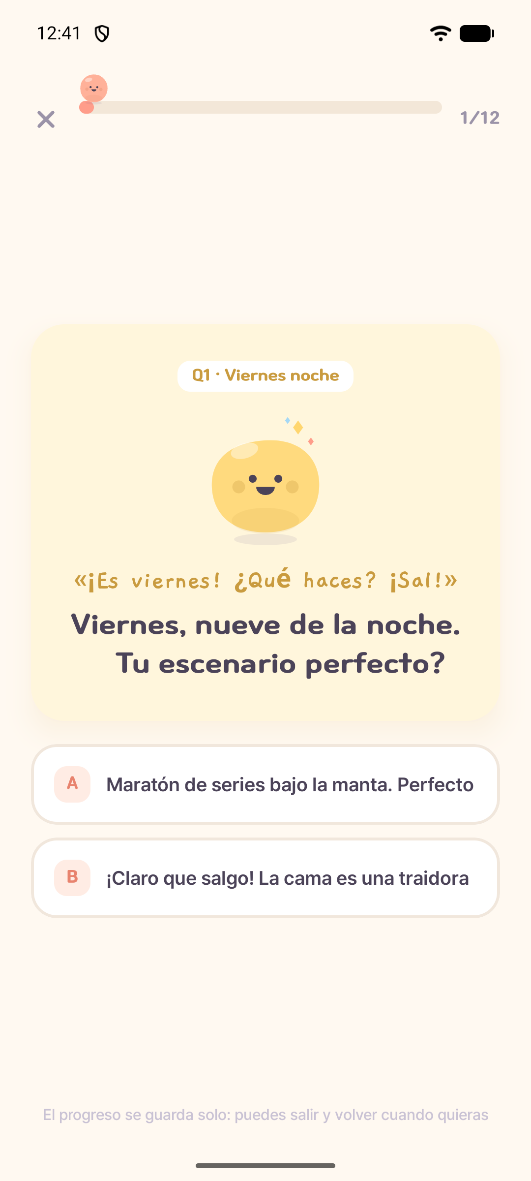 Pantalla de la app Mongle con la primera pregunta del test de personalidad y dos opciones de respuesta