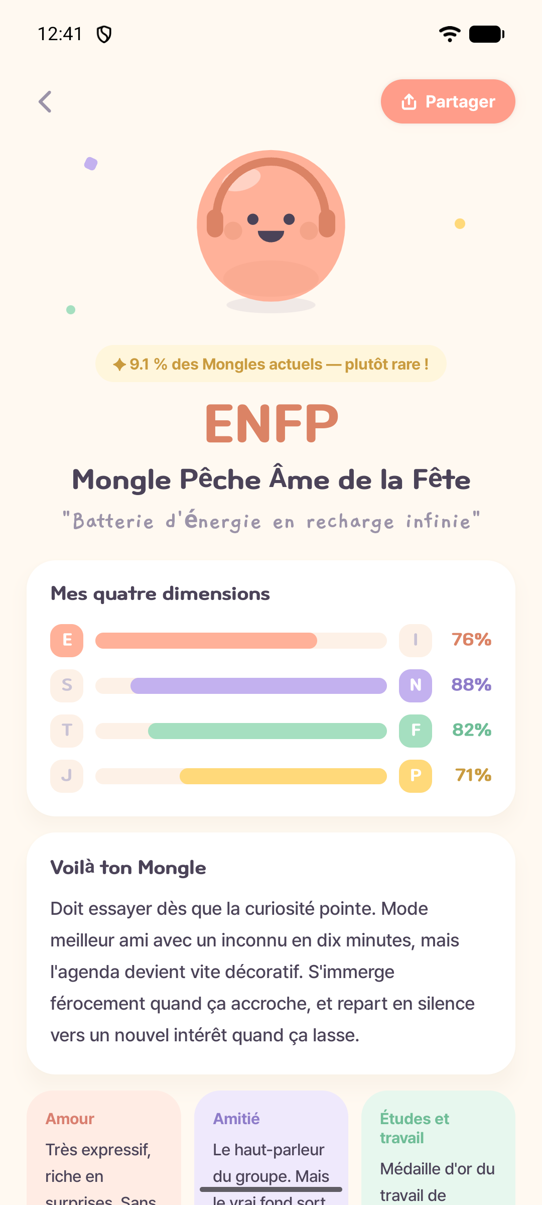 Véritable écran de résultats affichant le personnage Mongle Pêche ENFP et quatre dimensions de personnalité