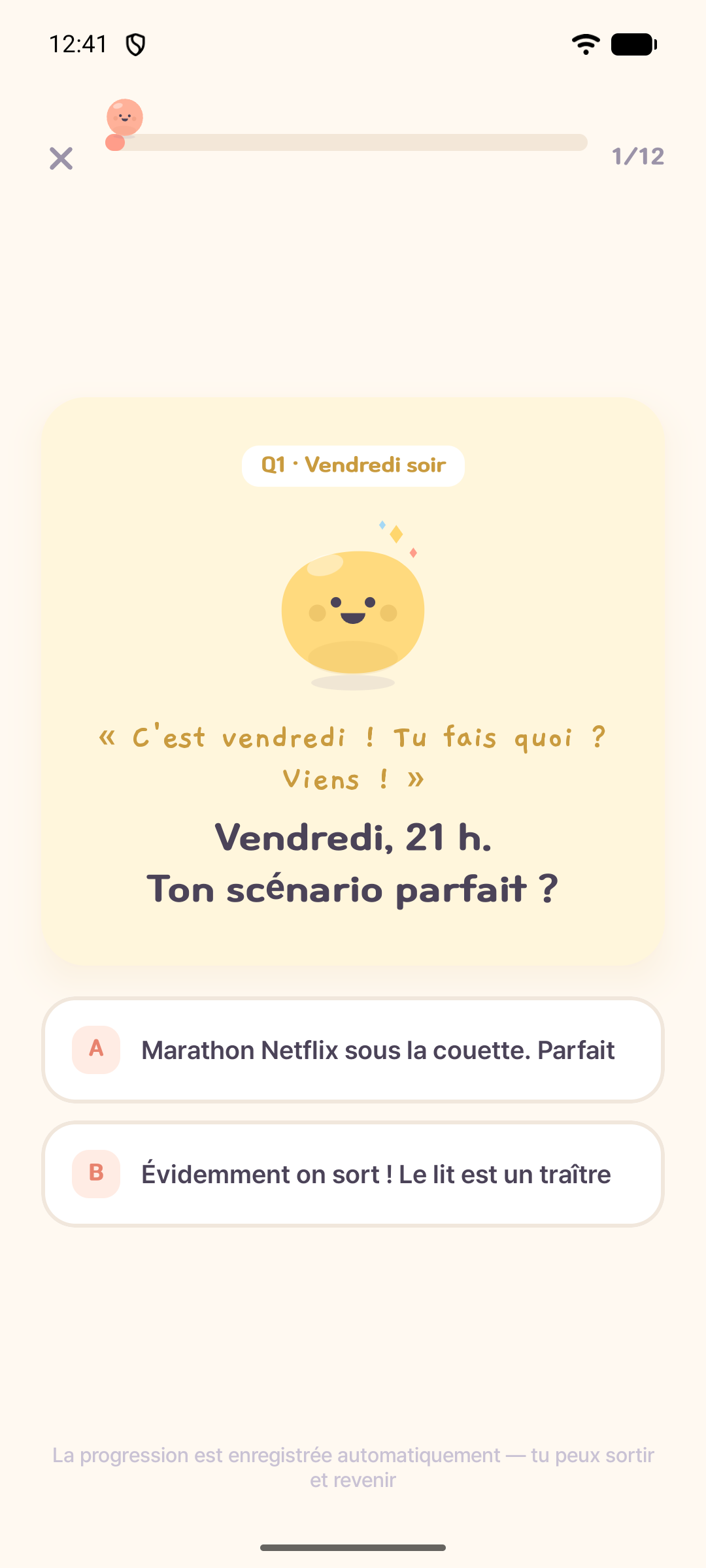Écran de l’appli Mongle affichant la première question du test de personnalité et deux réponses possibles