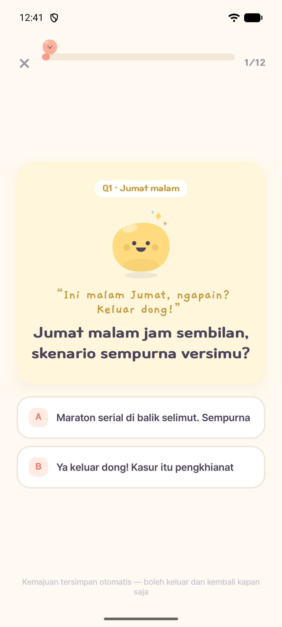 Tampilan aplikasi Mongle dengan pertanyaan pertama tes kepribadian dan dua pilihan jawaban