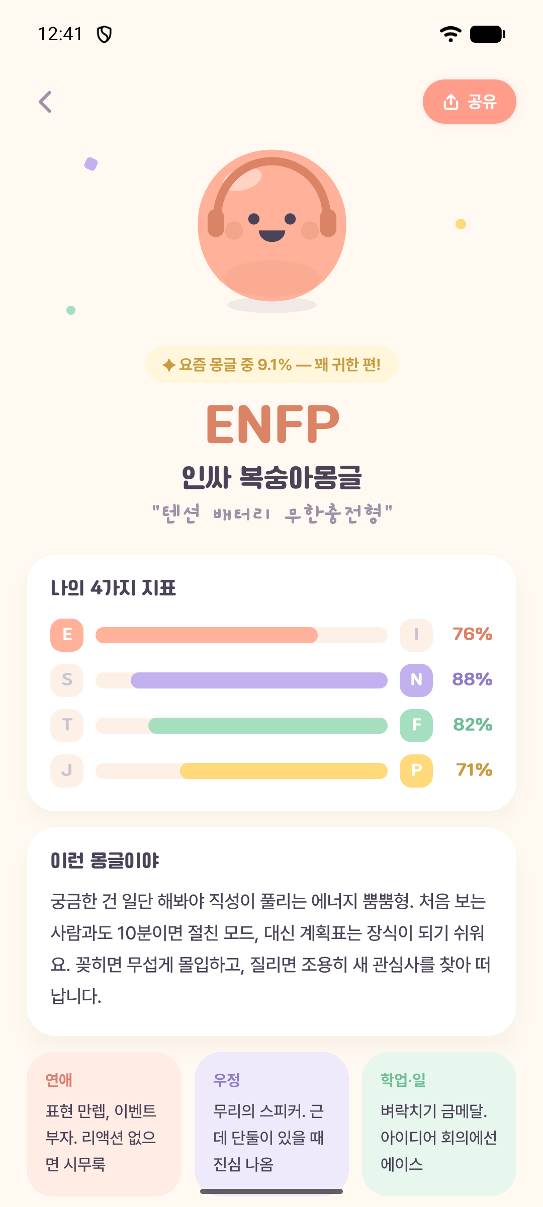 ENFP 복숭아몽글 캐릭터와 네 가지 성격 지표가 보이는 실제 테스트 결과 화면