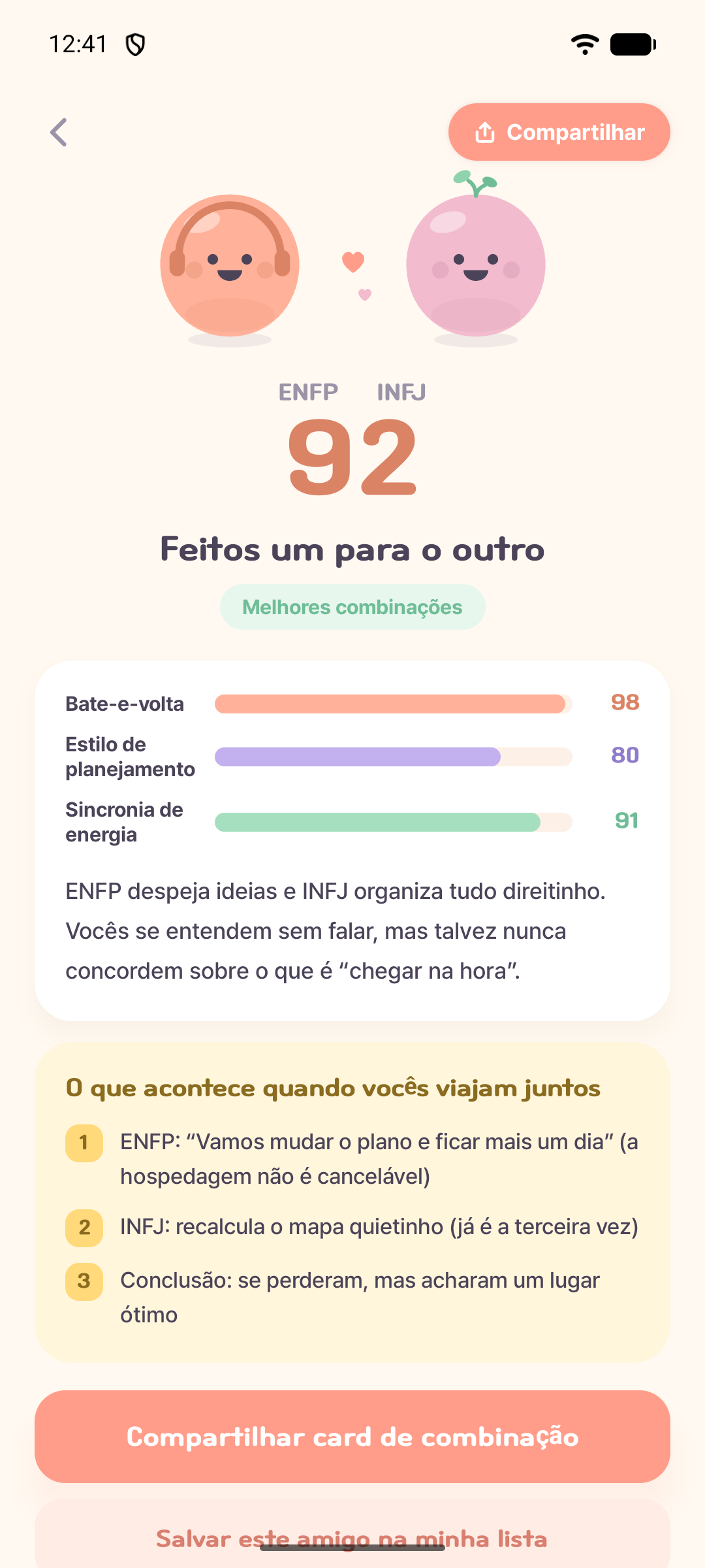 Tela do Mongle com um exemplo de compatibilidade de 92 pontos entre ENFP e INFJ, conversa, planejamento, sintonia de energia e uma história sobre uma viagem juntos