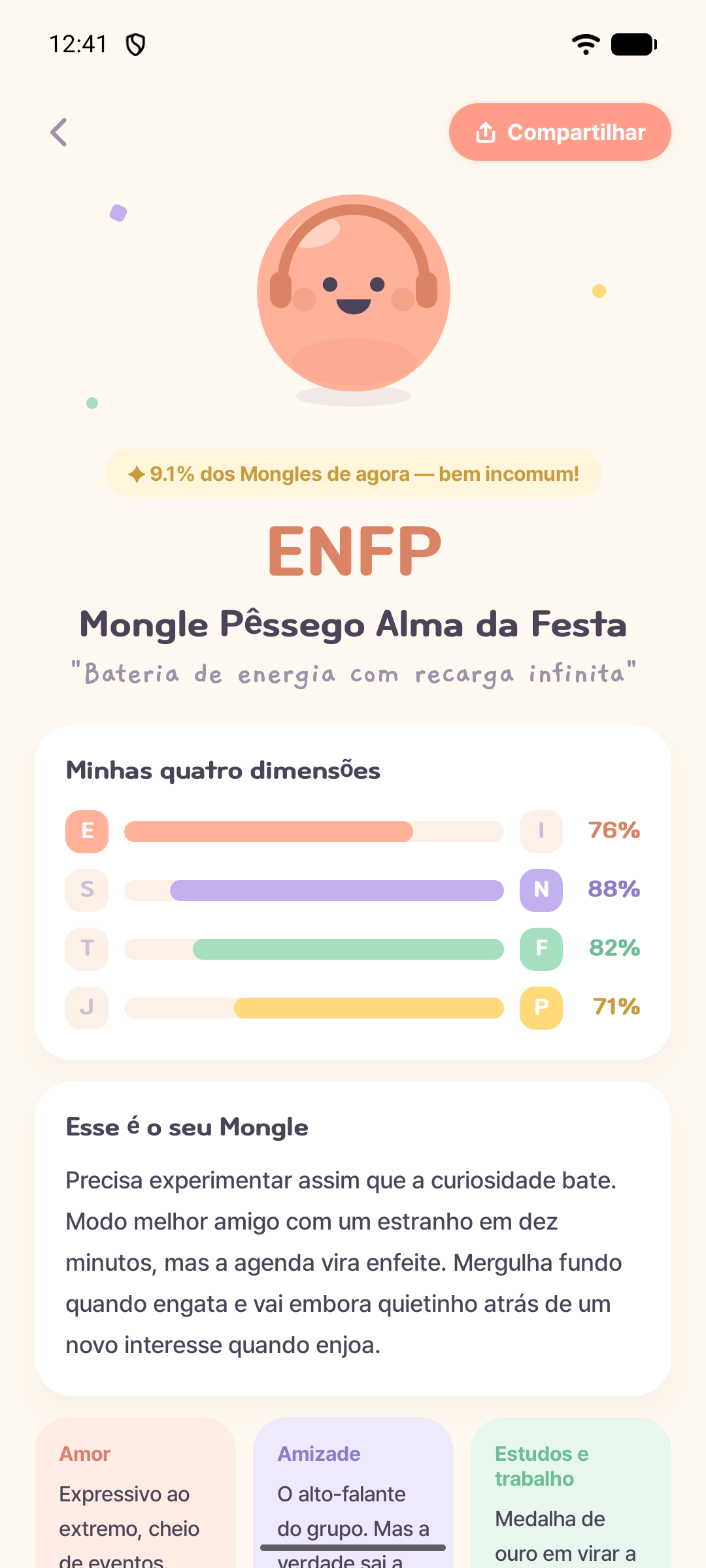 Tela real de resultados com o personagem Mongle Pêssego ENFP e quatro dimensões de personalidade