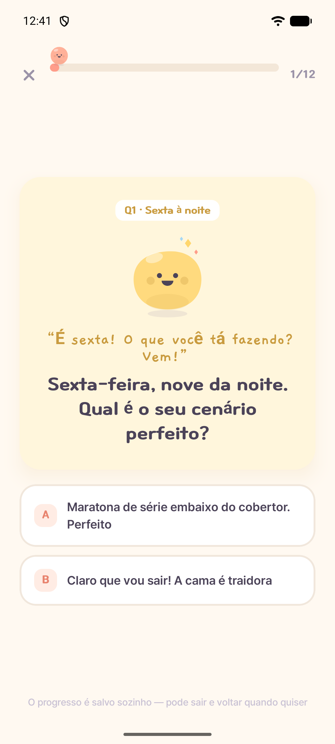Tela do app Mongle com a primeira pergunta do teste de personalidade e duas opções de resposta