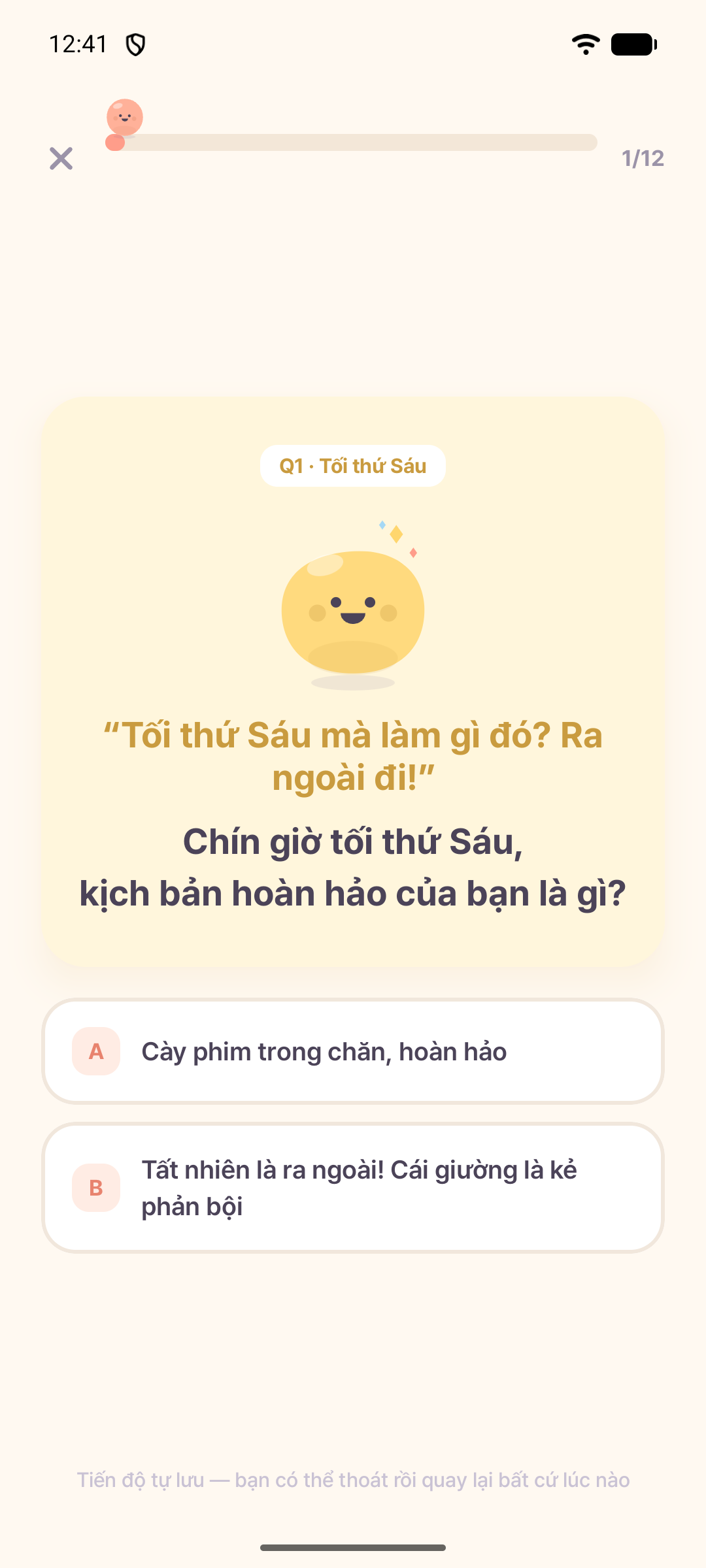 Màn hình ứng dụng Mongle hiển thị câu hỏi trắc nghiệm tính cách đầu tiên và hai lựa chọn trả lời