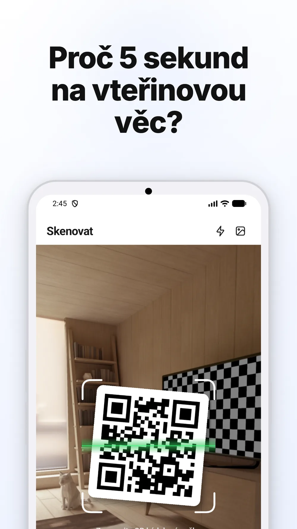 Obrazovka skenování s rámečkem fotoaparátu, svítilnou a výběrem fotky pro načtení QR kódu.