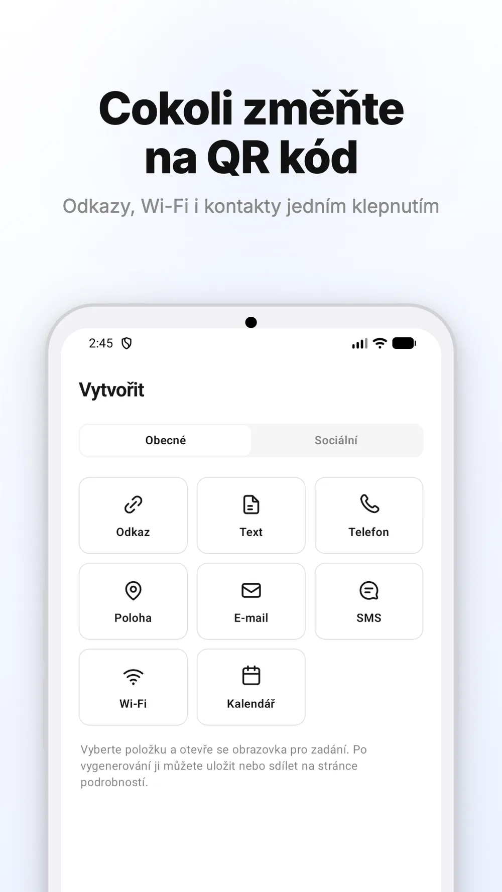 Obrazovka tvorby QR kódů pro odkazy, Wi-Fi a další typy obsahu.