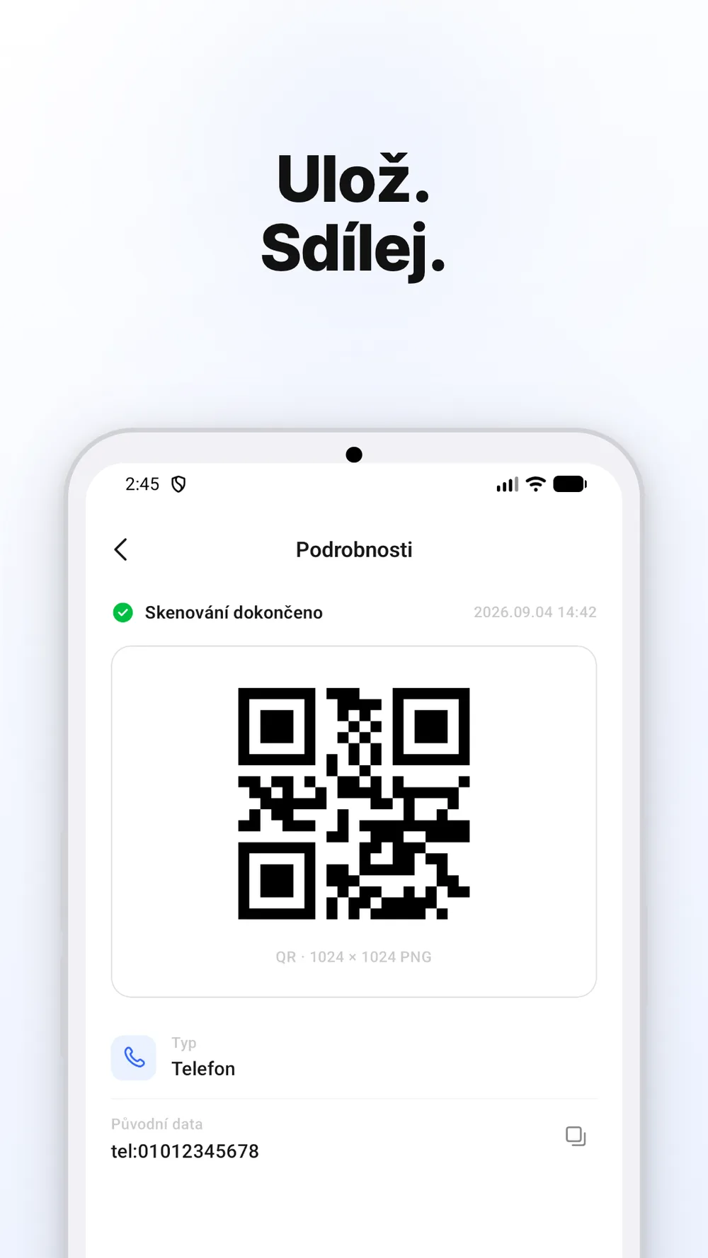 Detail QR kódu s možnostmi uložení a sdílení obrázku.