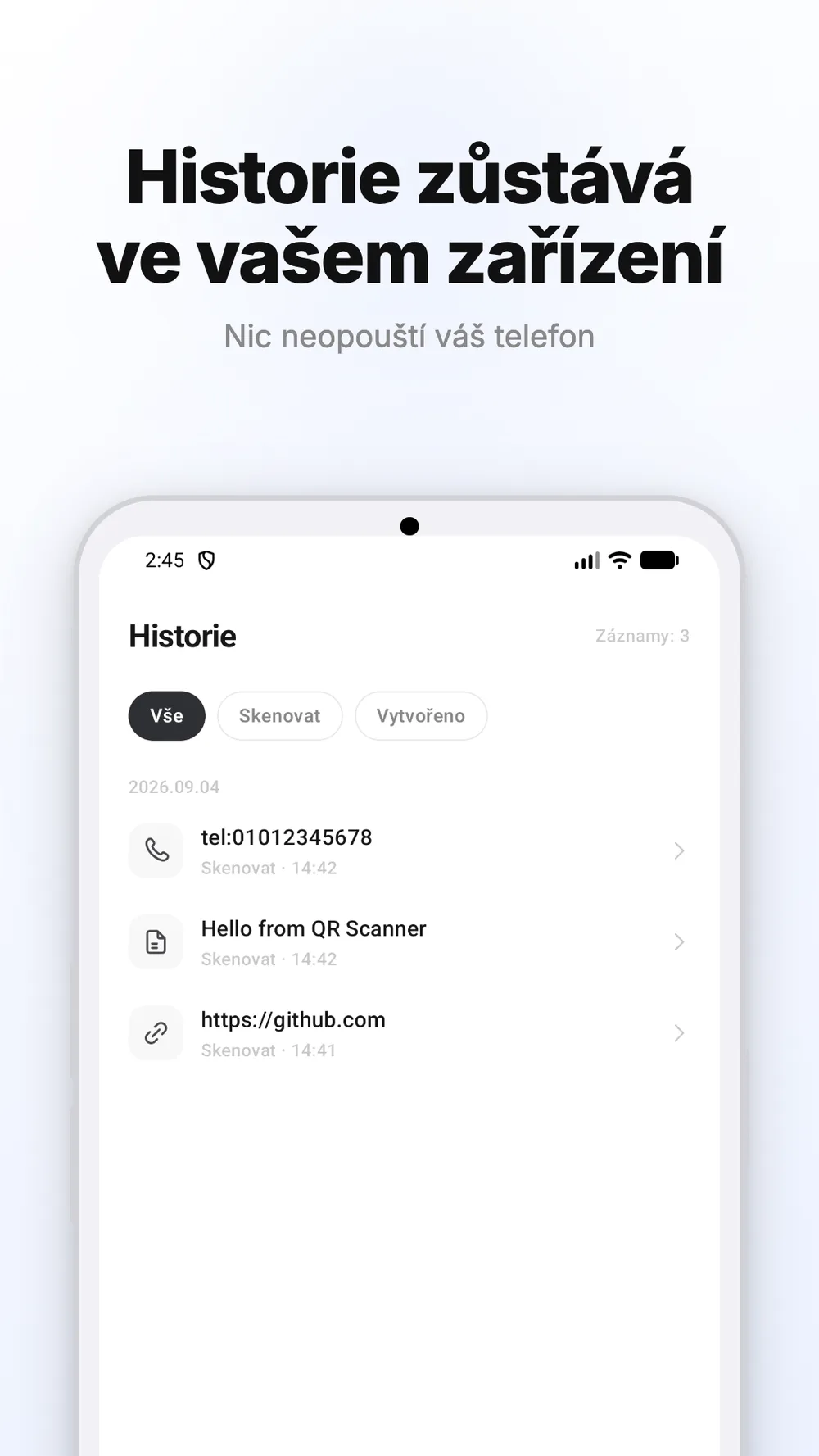 Historie naskenovaných a vytvořených QR kódů uložených v zařízení.
