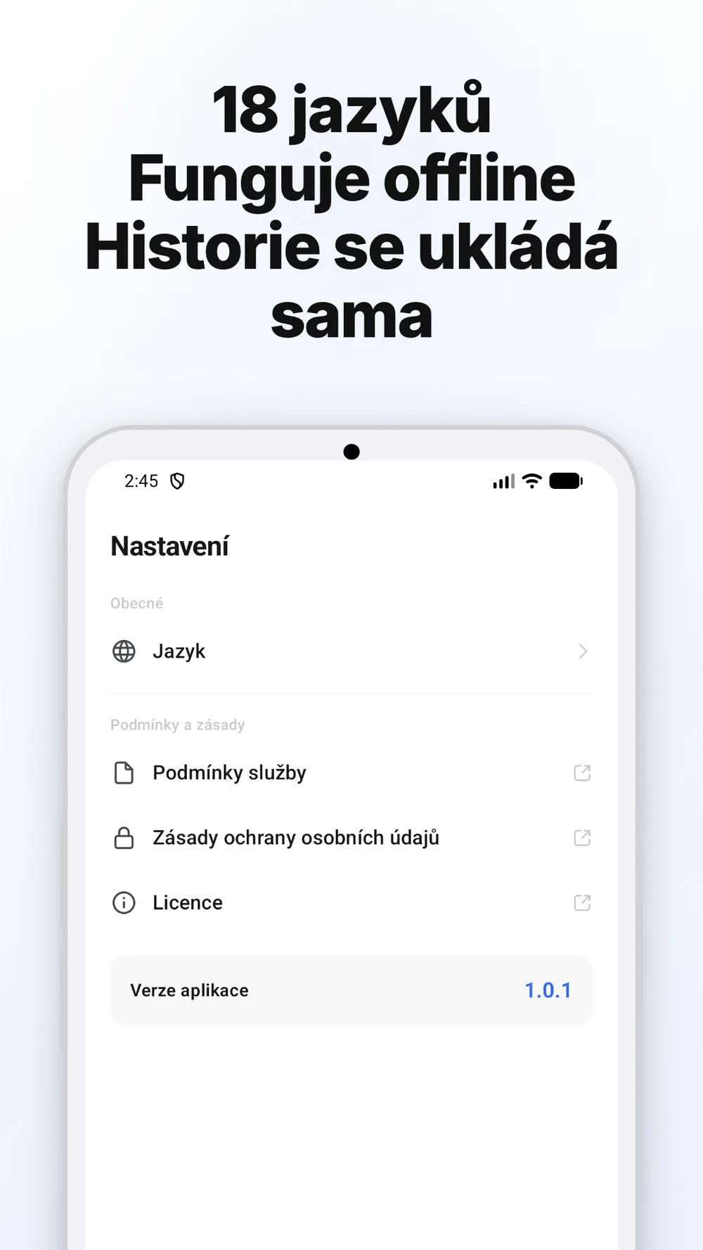 Nastavení aplikace s výběrem jazyka a odkazy na podmínky a zásady ochrany osobních údajů.