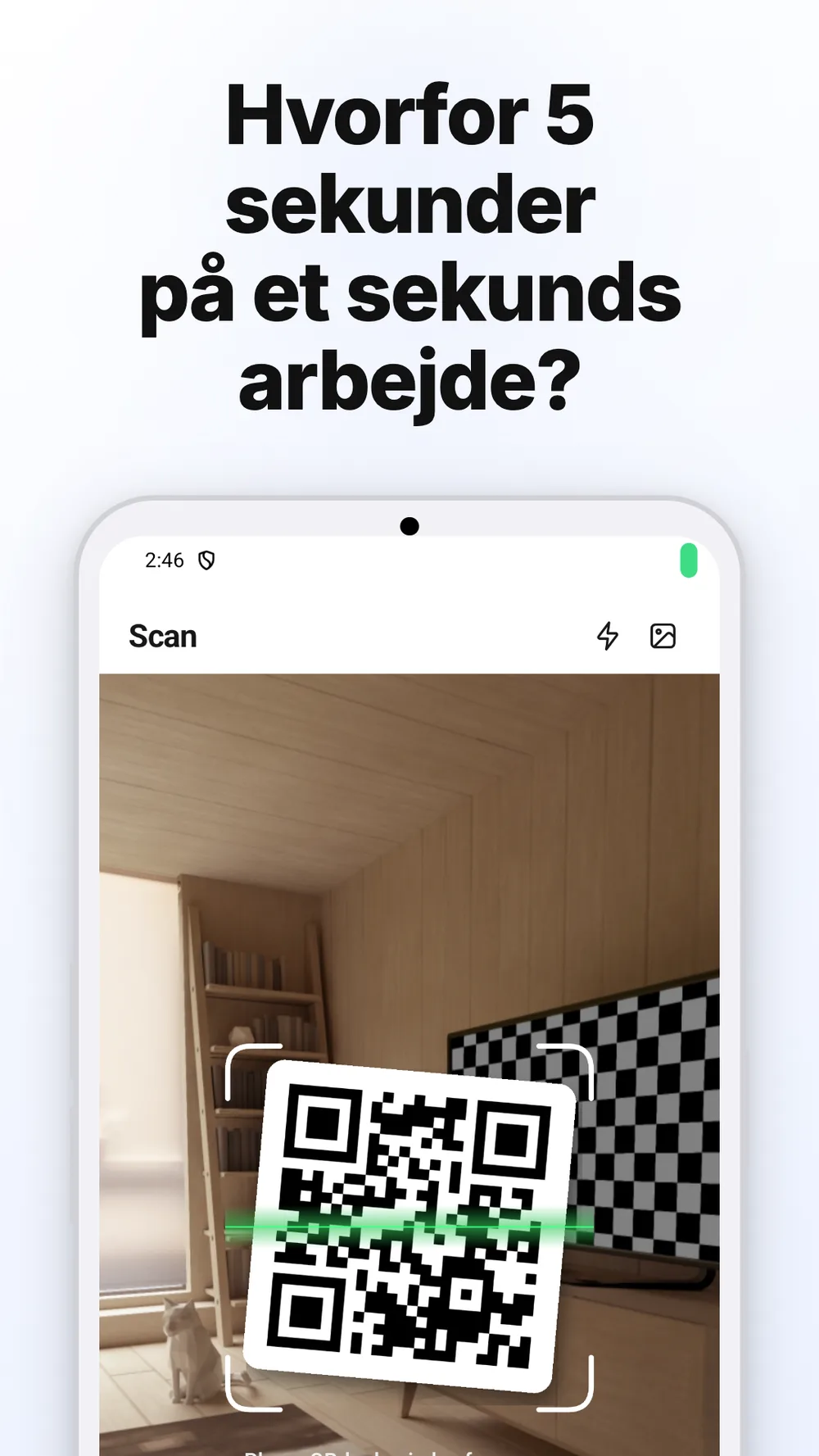 Scanningsskærm med kameraram, lommelygte og valg af foto til QR-scanning.