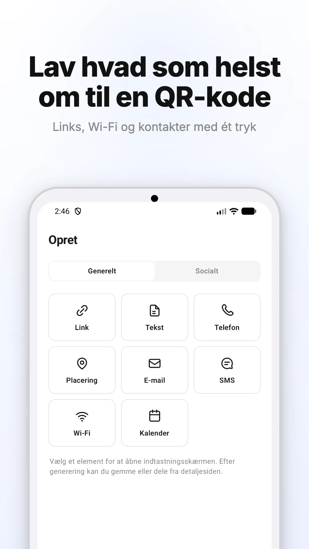 Skærm til oprettelse af QR-koder til links, Wi-Fi og andre typer indhold.