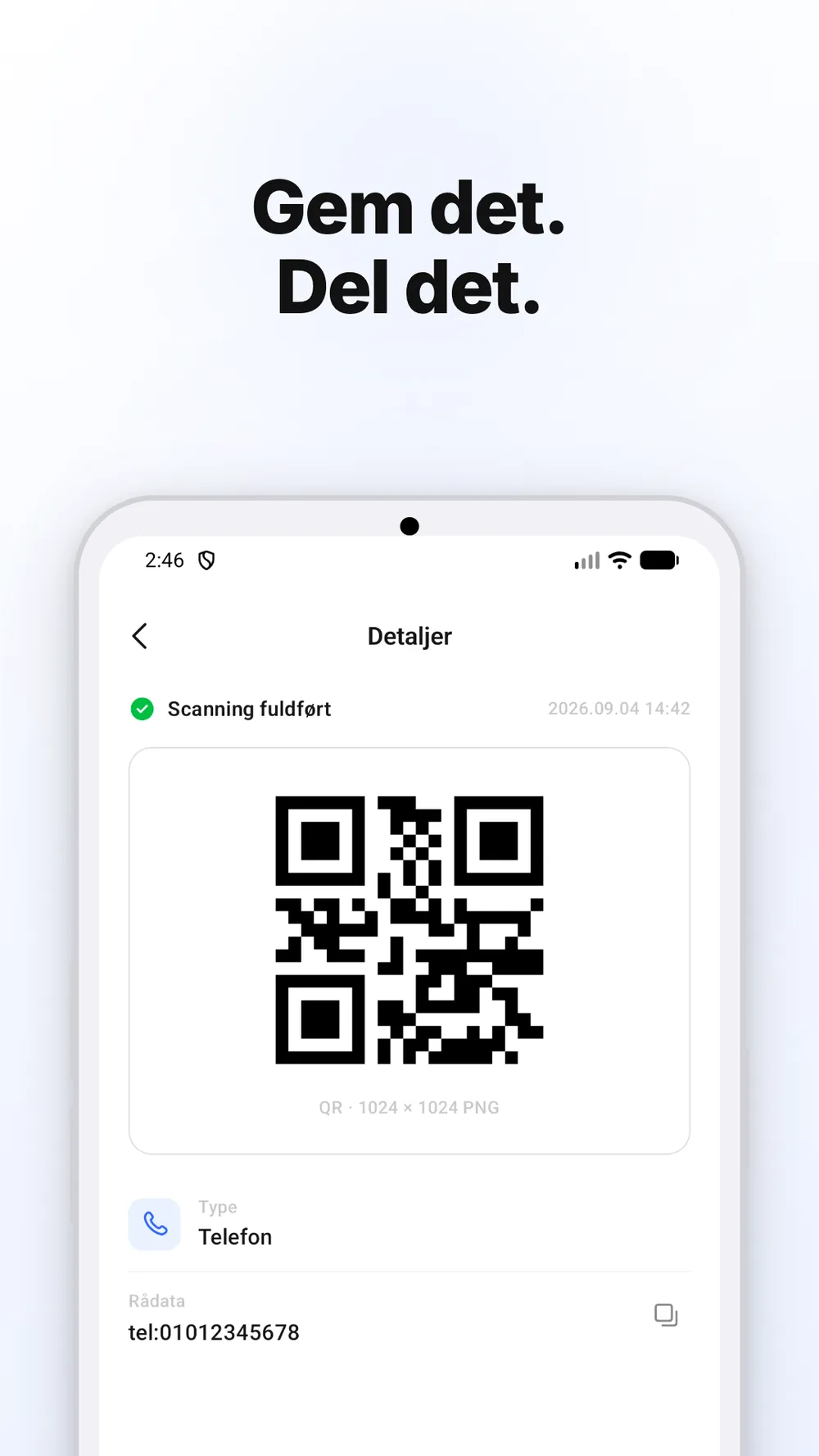 Detaljeskærm med en QR-kode og muligheder for at gemme og dele billedet.