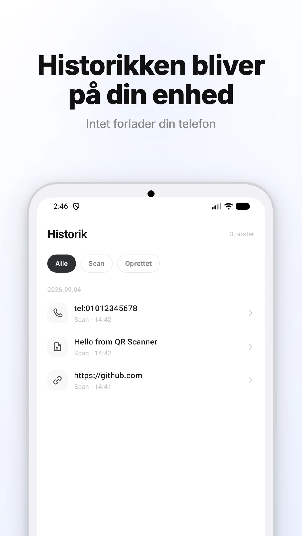 Historik med scannede og oprettede QR-koder, der er gemt på enheden.