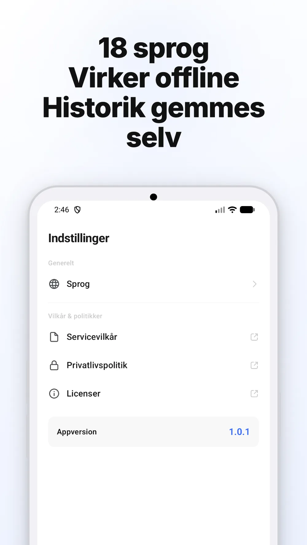 Appens indstillinger med sprogvalg og links til vilkår og privatlivspolitik.