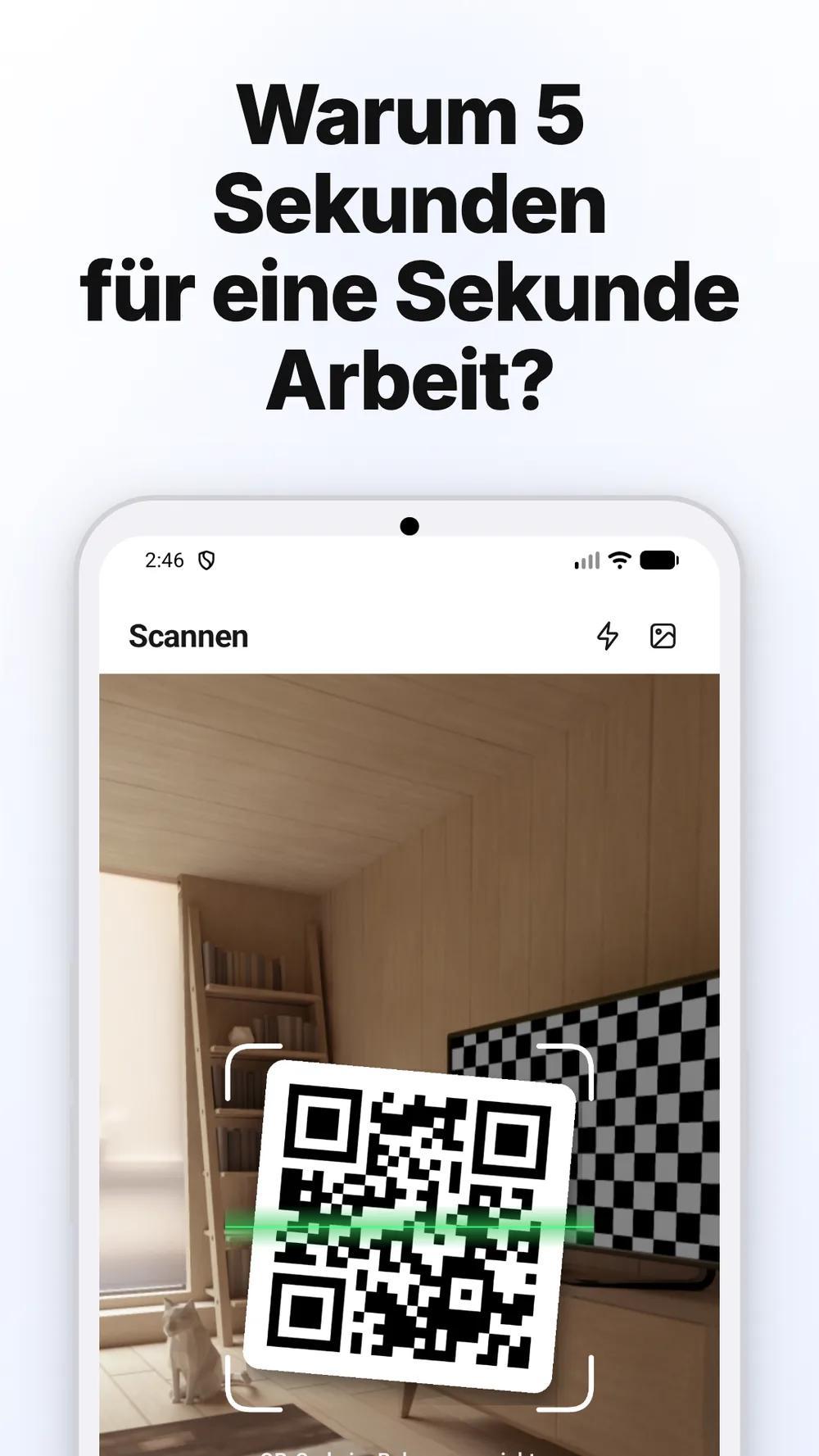 QR-Scanansicht mit Kamerasucher, Taschenlampe und Fotoauswahl.