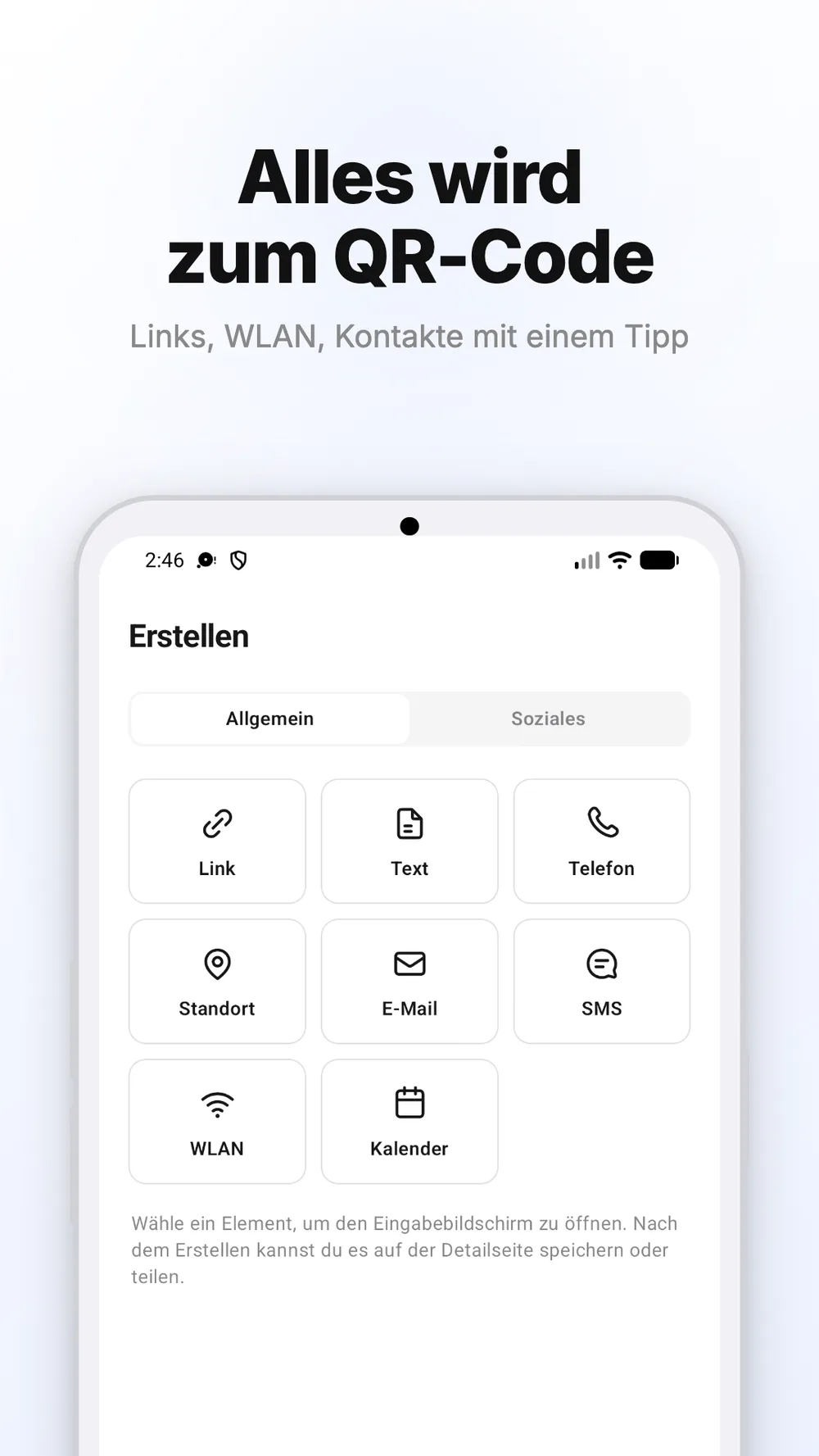 Ansicht zum Erstellen von QR-Codes für Links, Text, Wi-Fi und weitere Inhalte.