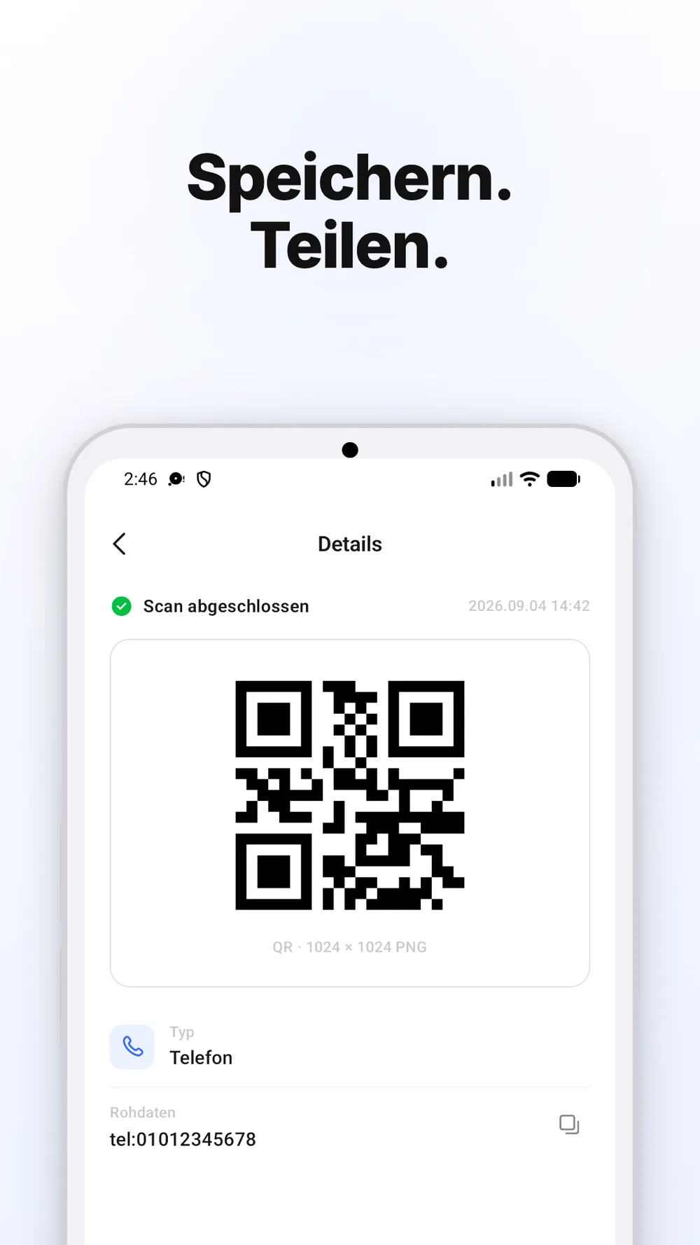 QR-Code mit Optionen zum Speichern und Teilen des Bildes.