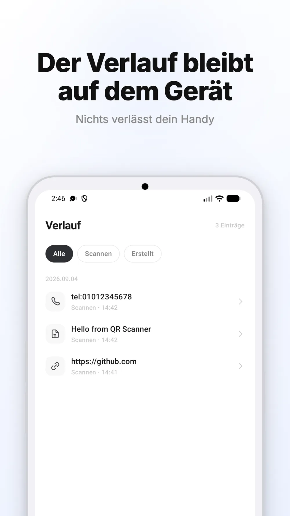 Verlauf gescannter und erstellter QR-Codes mit Filtern und Einträgen nach Datum.