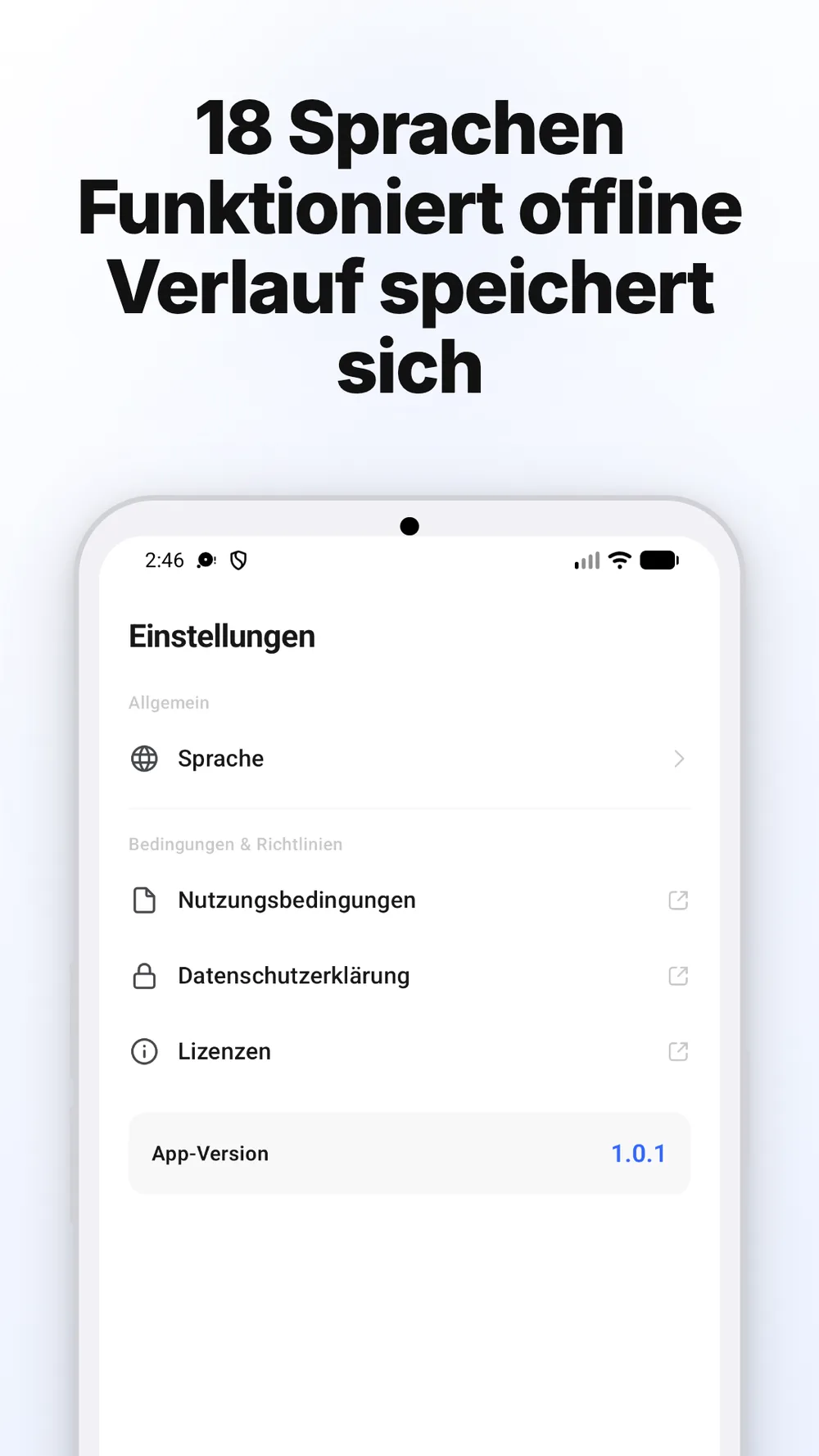 Einstellungen mit Sprachauswahl, Links zu Richtlinien und App-Version.