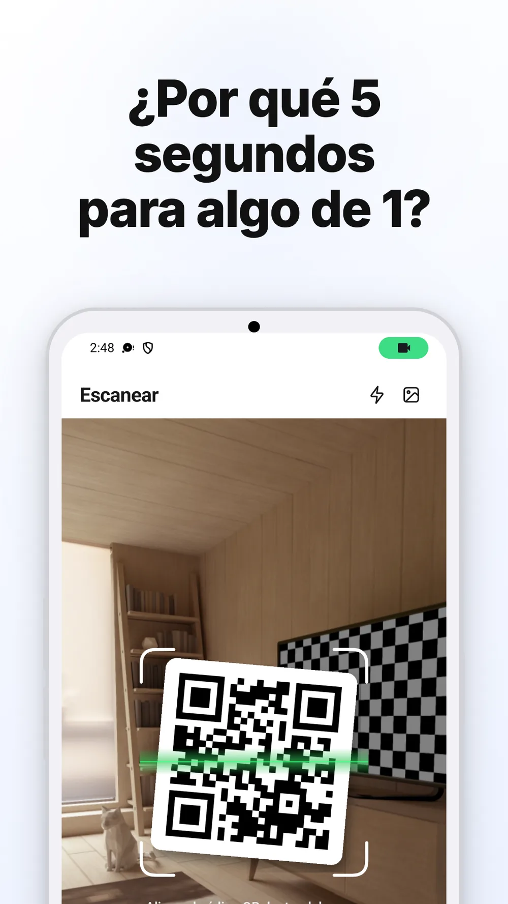 Pantalla de escaneo QR con visor de cámara, linterna y acceso a fotos.