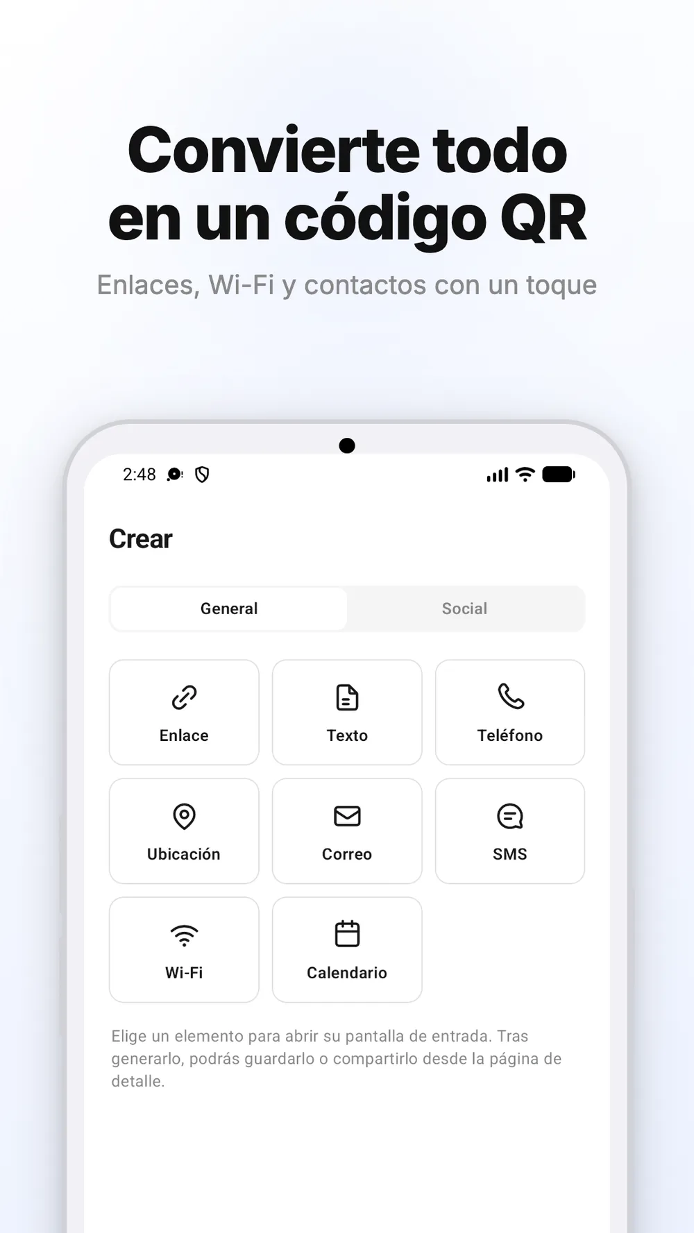 Pantalla de creación de códigos QR para enlaces, texto, Wi-Fi y otros datos.