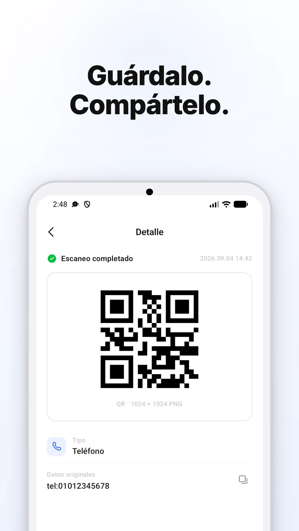 Código QR con opciones para guardar la imagen y compartirla.