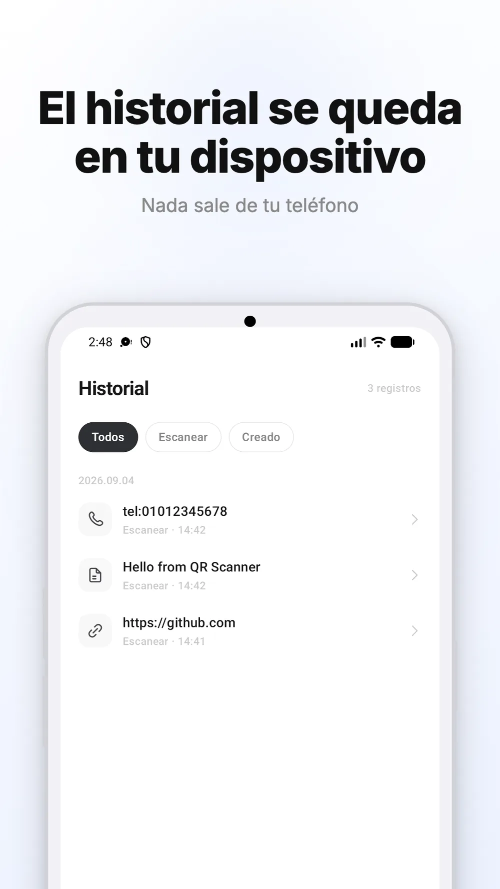 Historial de códigos QR escaneados y creados, con filtros y registros por fecha.