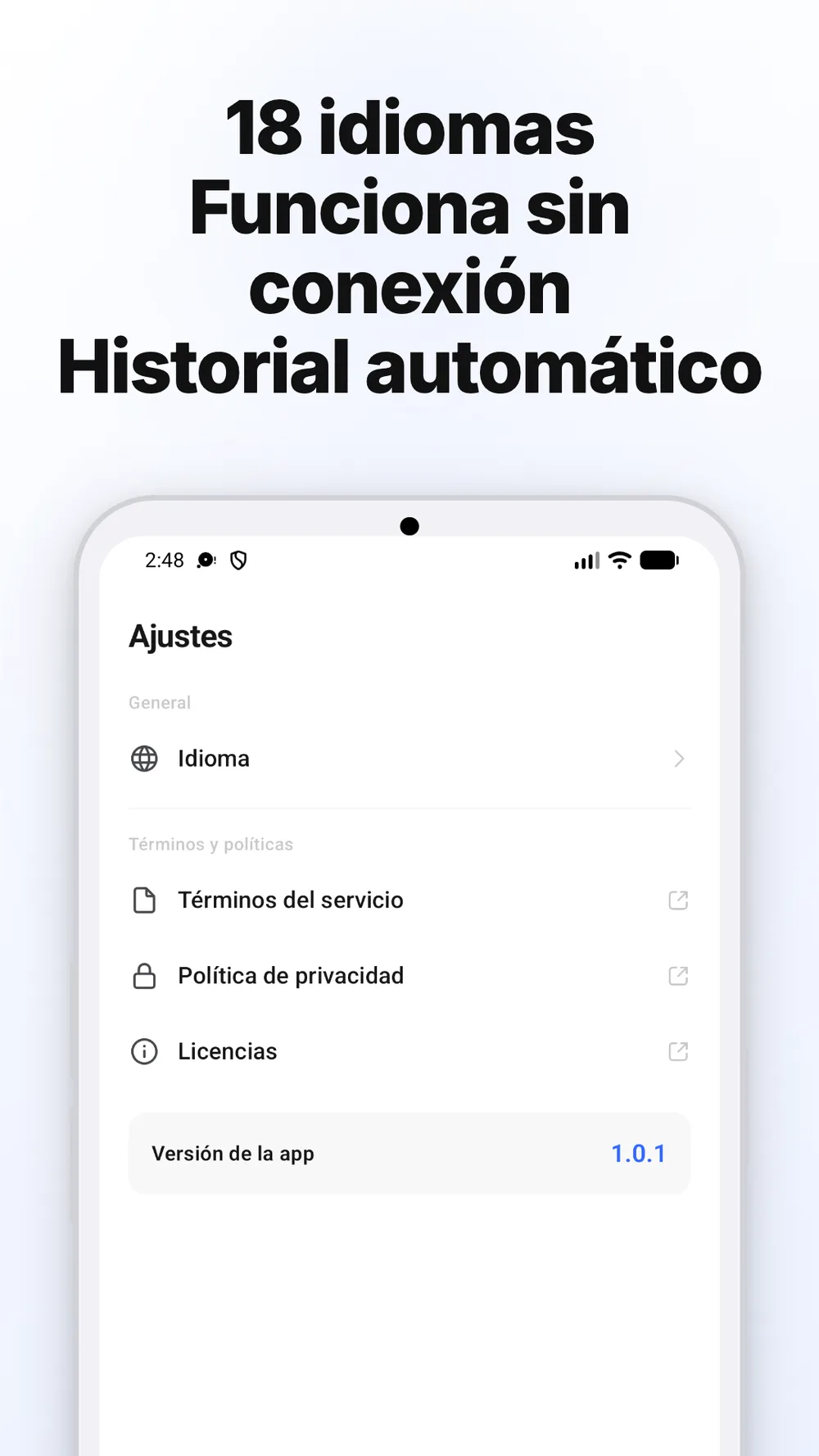 Pantalla de ajustes con selección de idioma, enlaces a políticas y versión de la app.