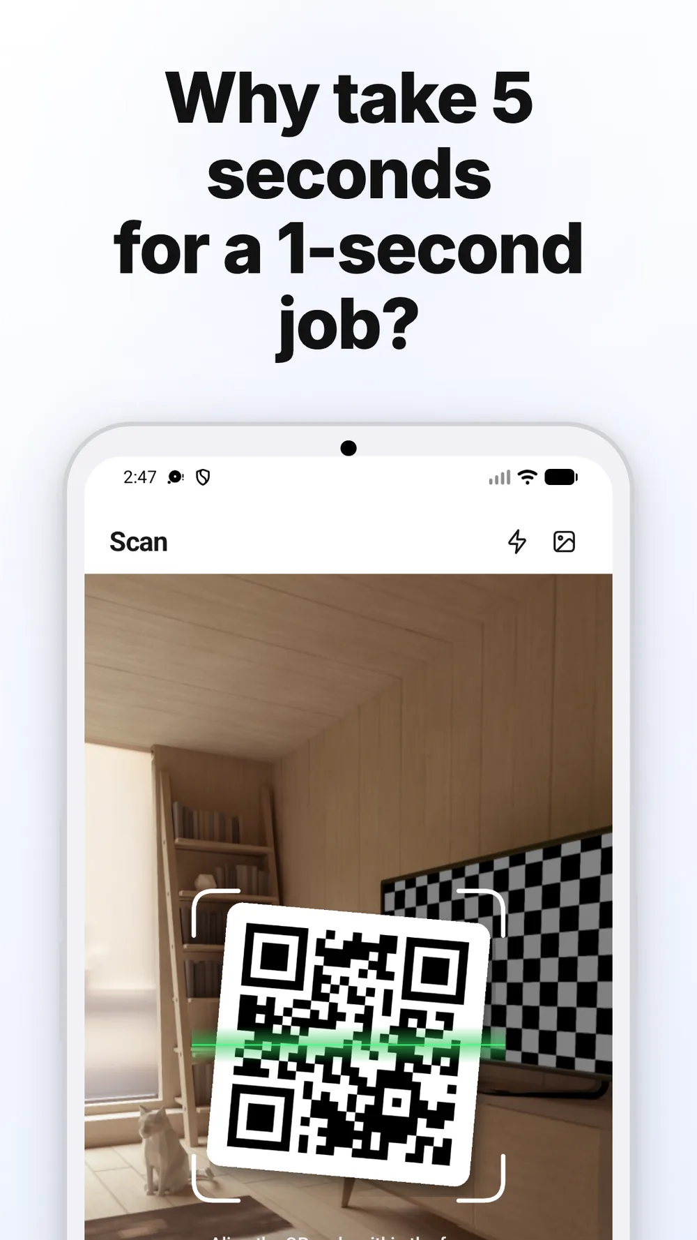 صفحهٔ اسکن QR با پیش‌نمایش دوربین، چراغ‌قوه و امکان انتخاب عکس