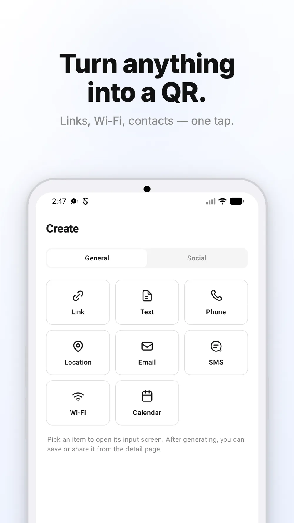 صفحهٔ ایجاد کد QR با گزینه‌های لینک، متن و Wi-Fi