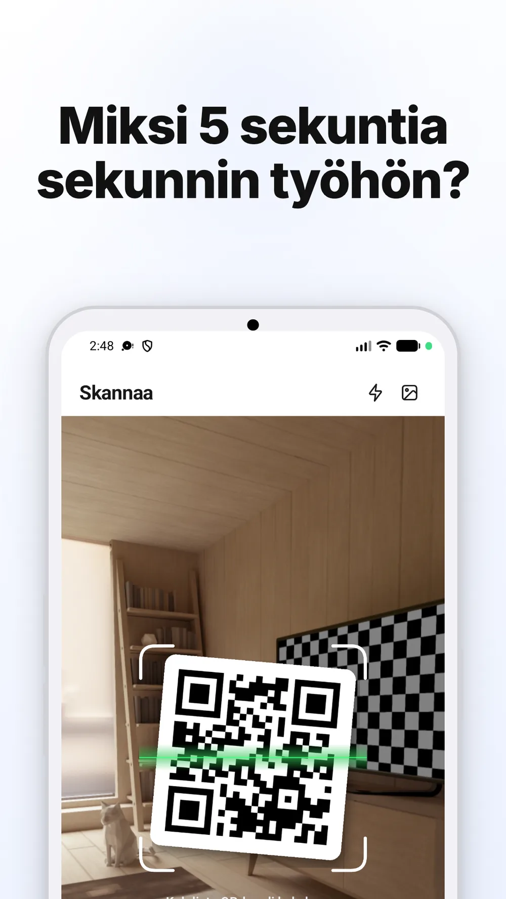 Skannausnäkymä, jossa on kameran kohdistuskehys, taskulamppu ja kuvan valinta QR-koodin lukemista varten.