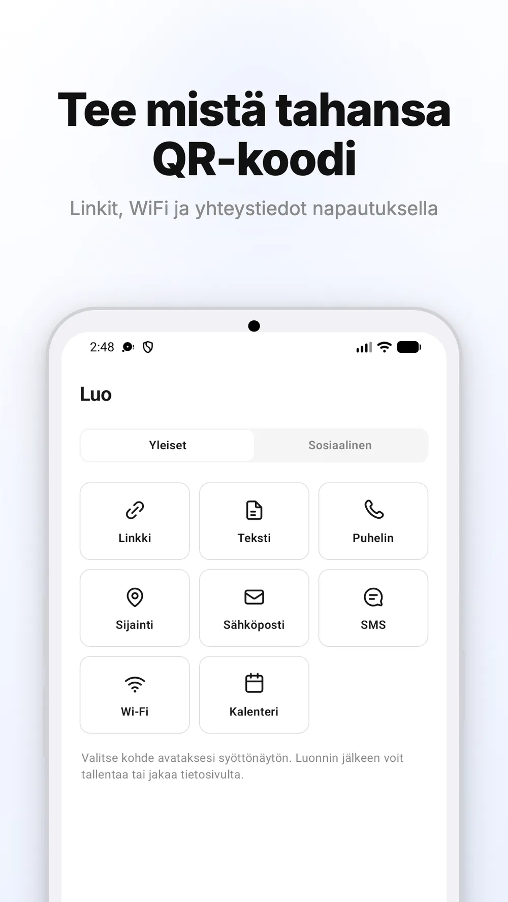 Näkymä QR-koodien luomiseen linkeille, Wi-Fi-verkoille ja muille tiedoille.