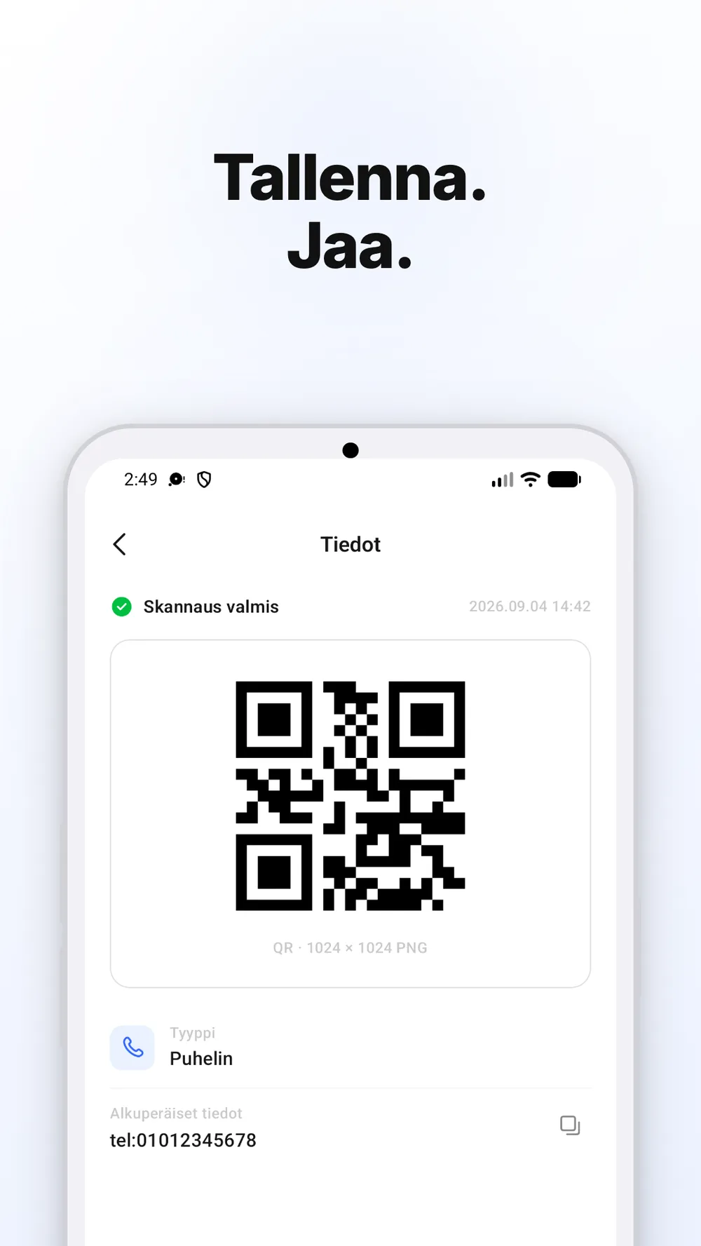 Tietonäkymä, jossa on QR-koodi sekä kuvan tallennus- ja jakotoiminnot.