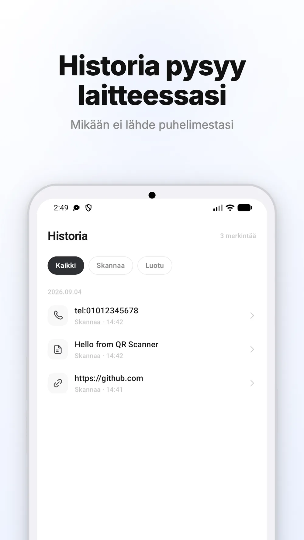 Historia, jossa näkyvät laitteelle tallennetut luetut ja luodut QR-koodit.