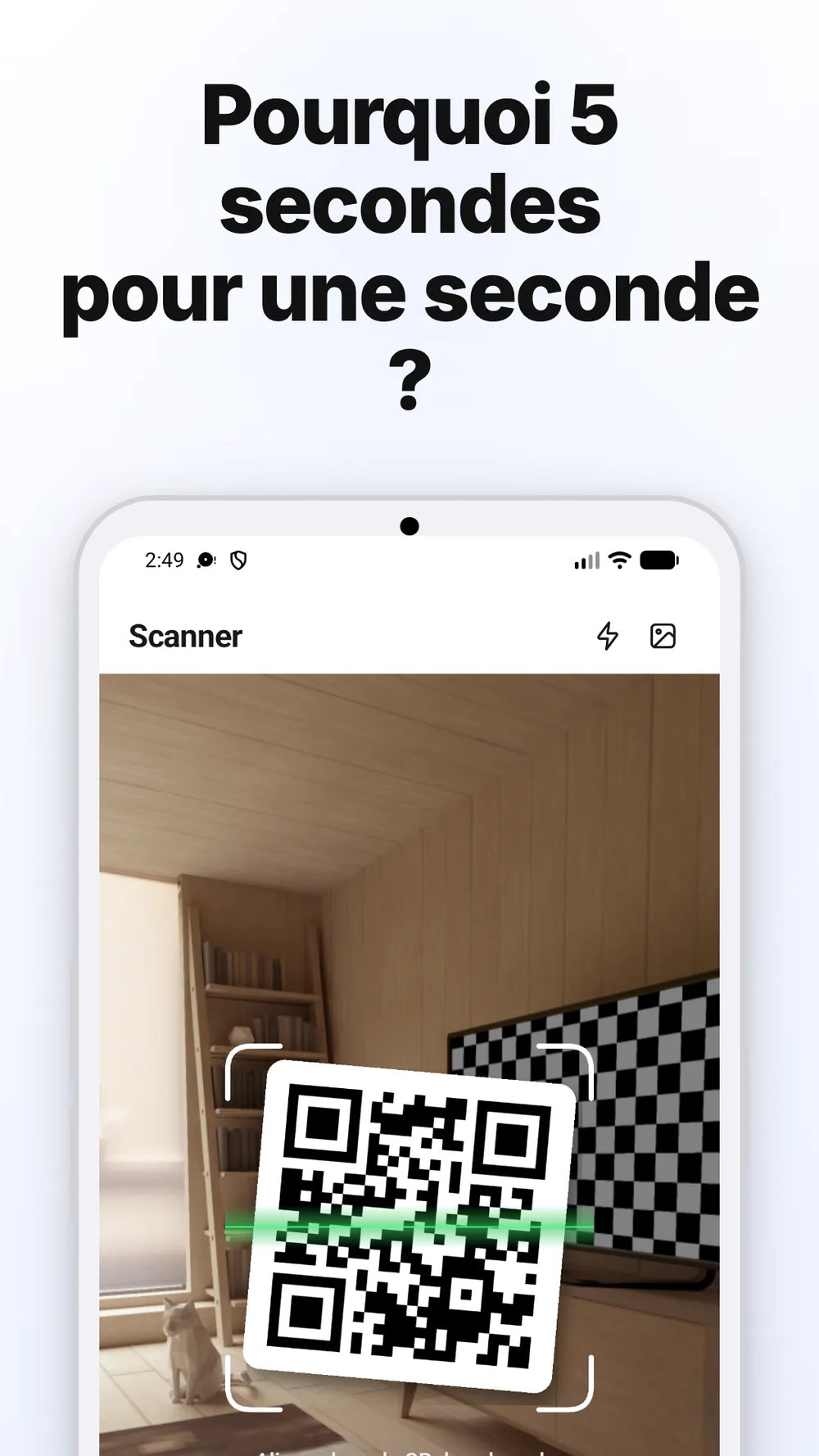 Écran de lecture de codes QR avec viseur, lampe torche et accès aux photos.