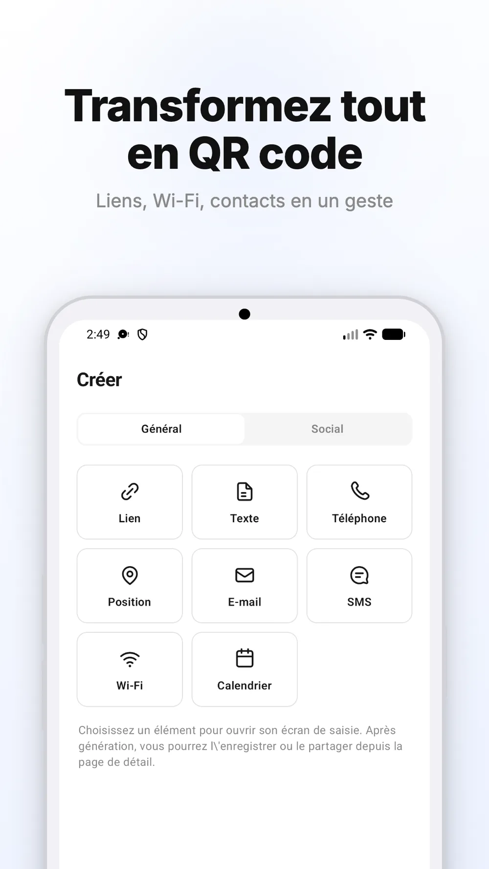 Écran de création de codes QR pour des liens, du texte, le Wi-Fi et d'autres données.