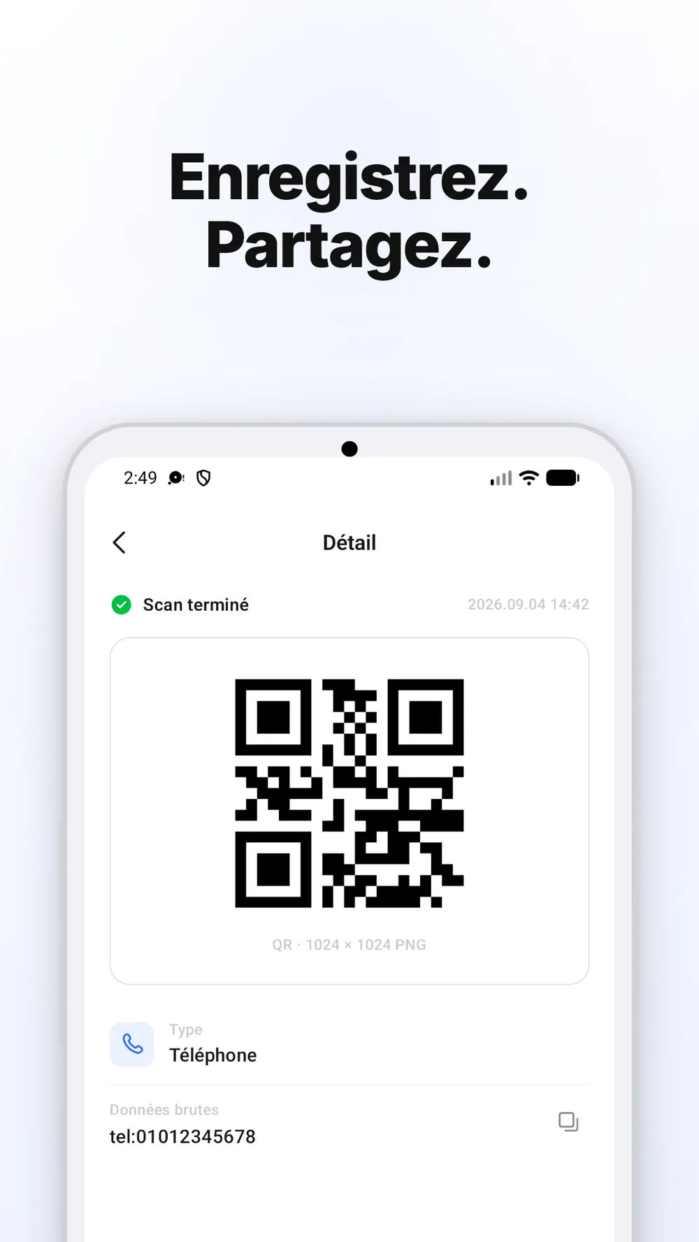Code QR avec des options pour enregistrer et partager son image.