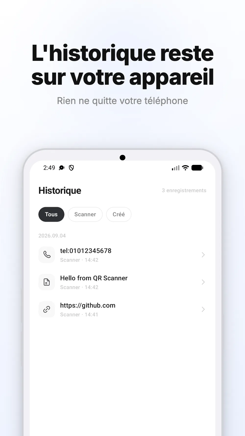Historique des codes QR scannés et créés, avec filtres et entrées classées par date.