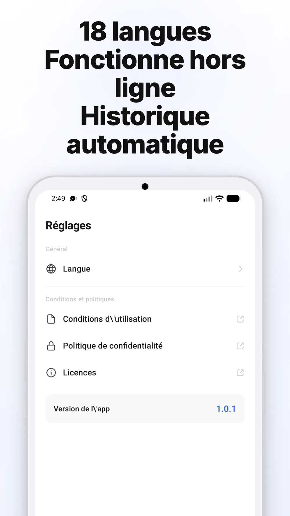 Écran des réglages avec choix de la langue, liens vers les politiques et version de l'application.