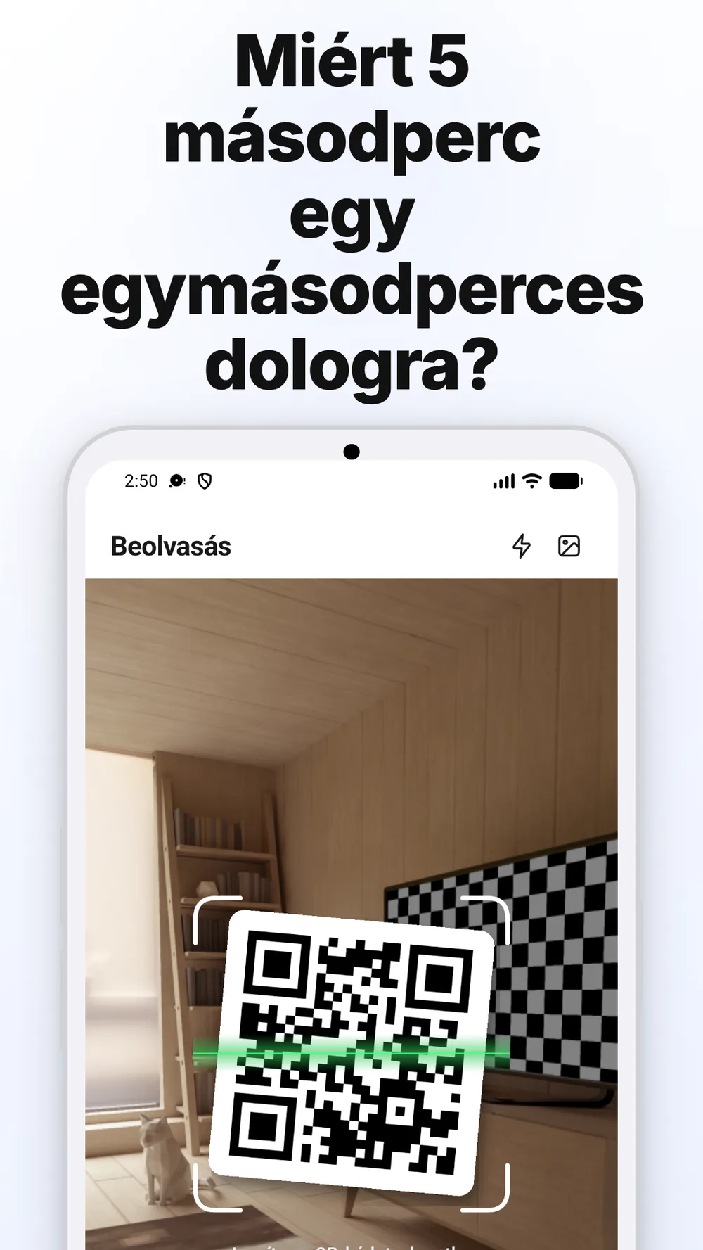 Beolvasási képernyő kamerakerettel, zseblámpával és képválasztással a QR-kódok beolvasásához.